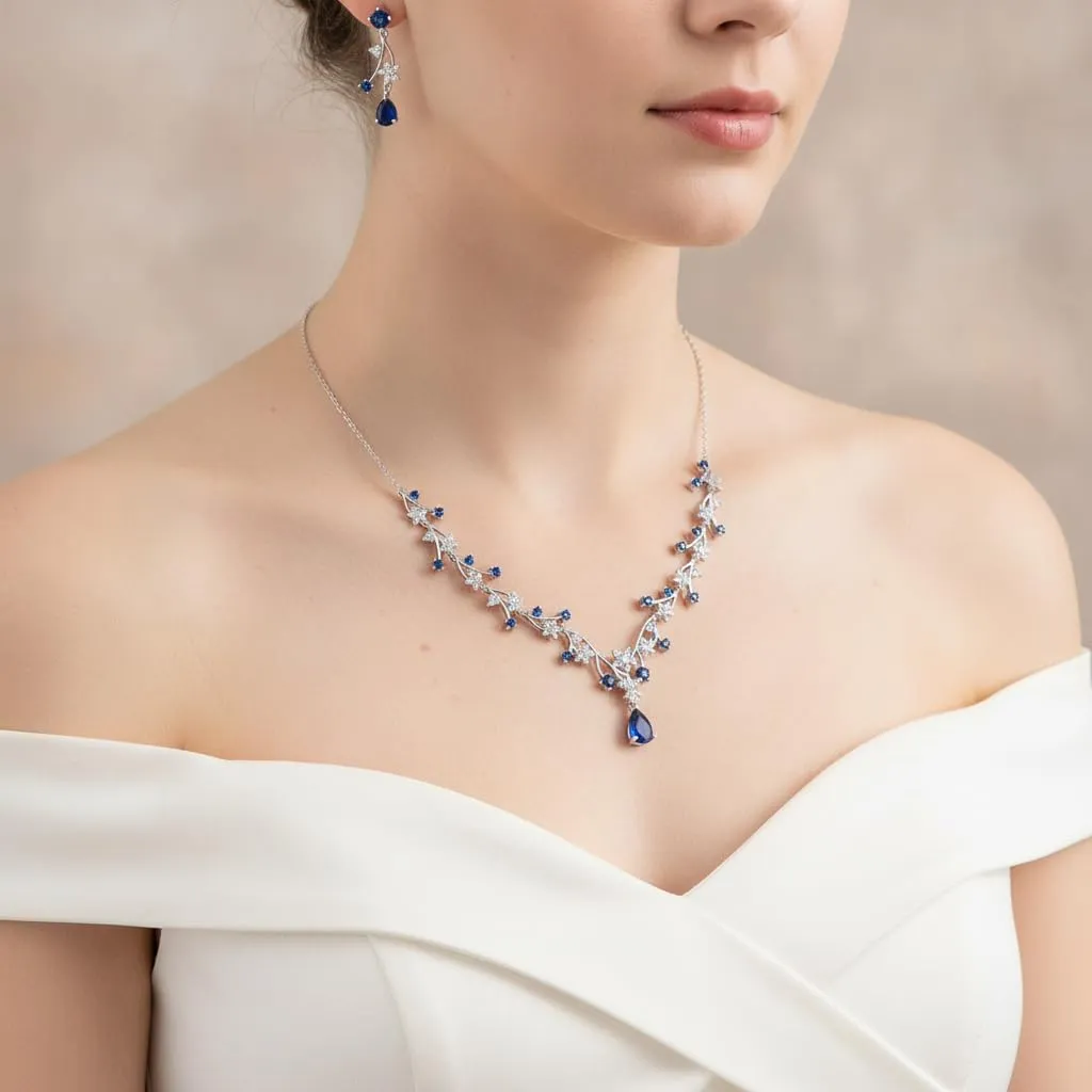 EVER FAITH Set di Gioielli per la Sposa Rotondo Goccia Zircon Fiore Cluster Vine Pendant Collana Orecchini Blu Argento Fondo - immagine 6