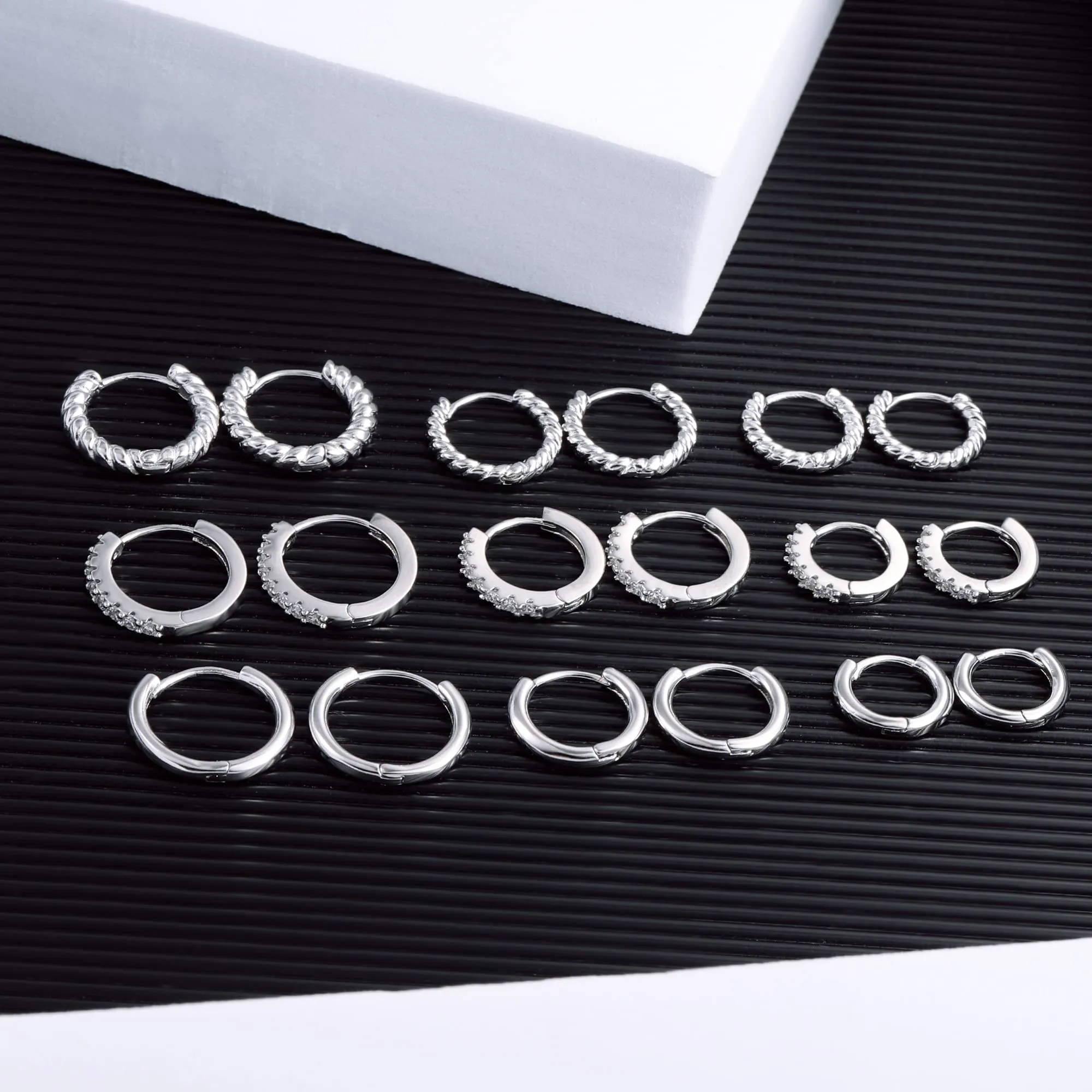 ALEXCRAFT 9 Paia Orecchini Cerchio Donna Argento Lucido e Intrecciati Kit - immagine 2
