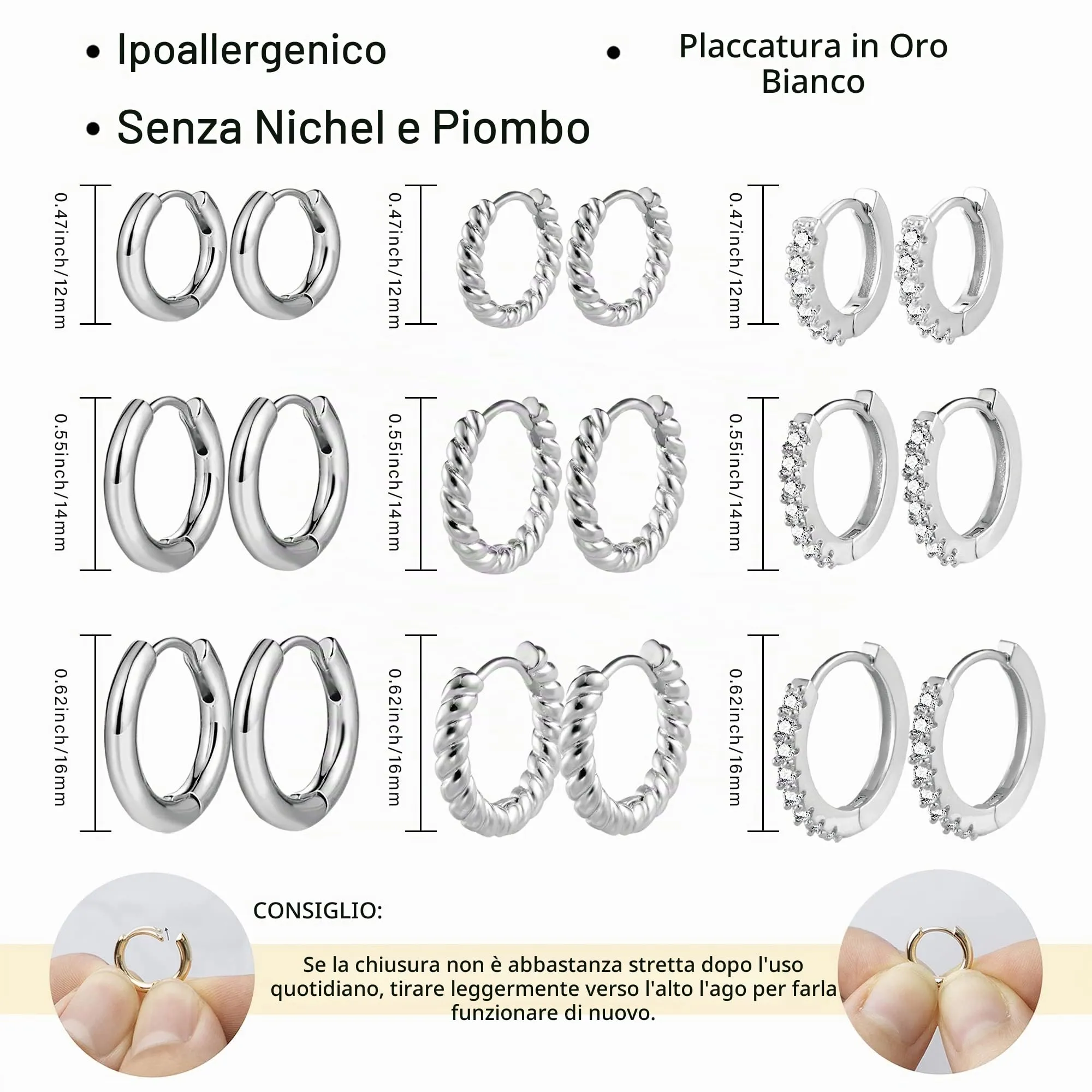 ALEXCRAFT 9 Paia Orecchini Cerchio Donna Argento Lucido e Intrecciati Kit - immagine 4