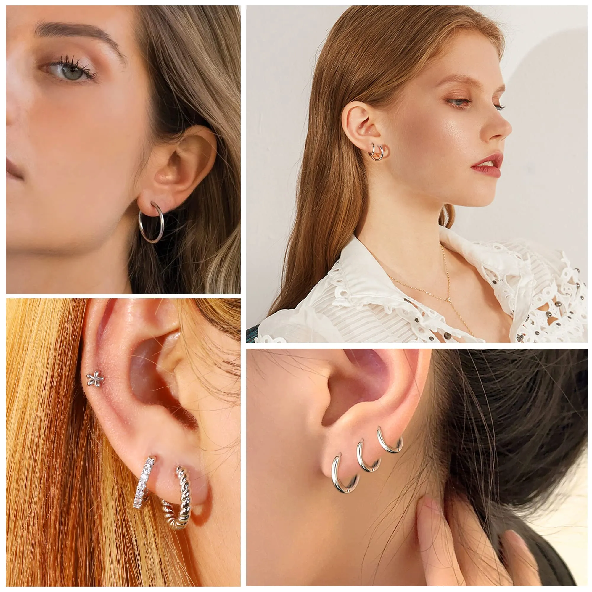 ALEXCRAFT 9 Paia Orecchini Cerchio Donna Argento Lucido e Intrecciati Kit - immagine 5