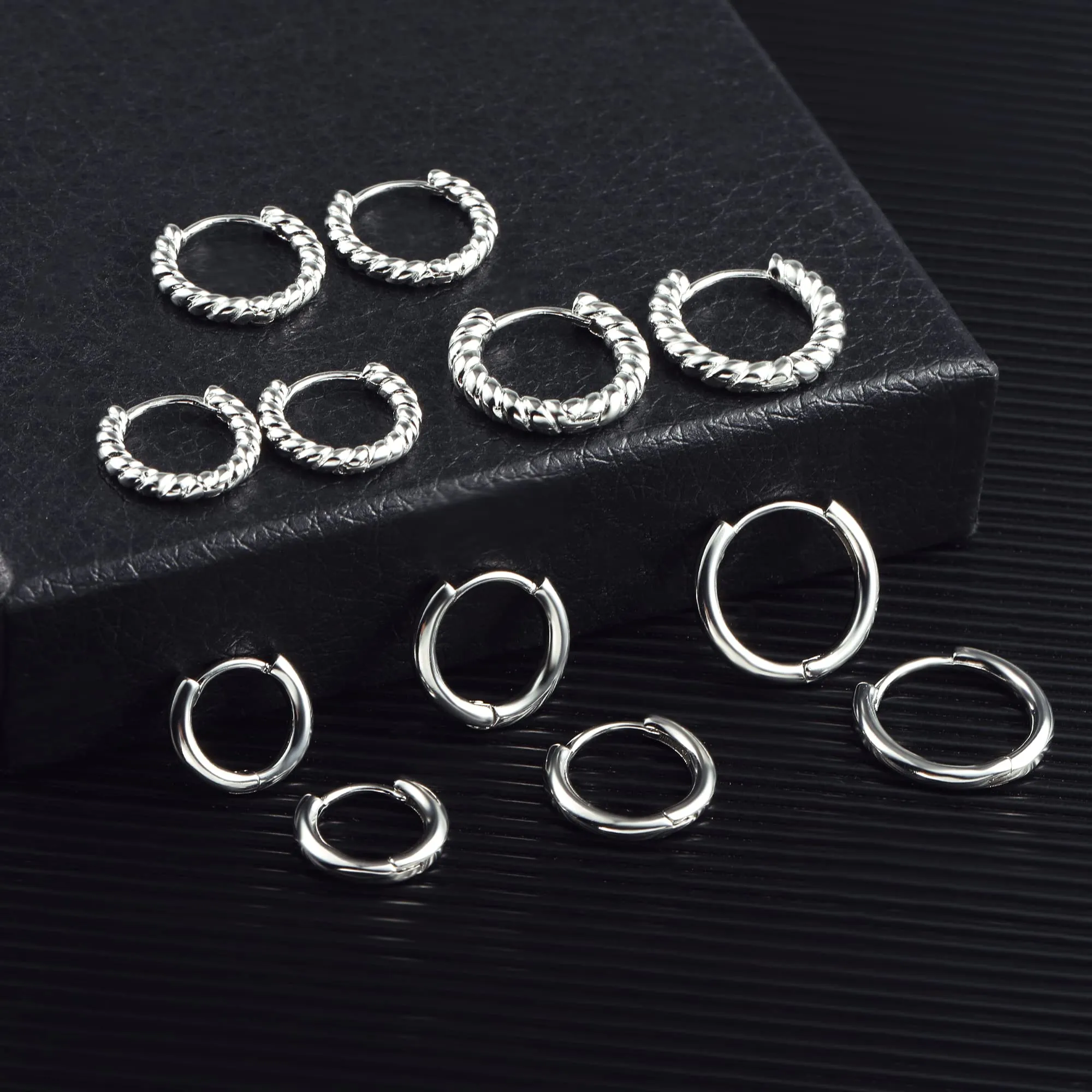 ALEXCRAFT 9 Paia Orecchini Cerchio Donna Argento Lucido e Intrecciati Kit - immagine 7