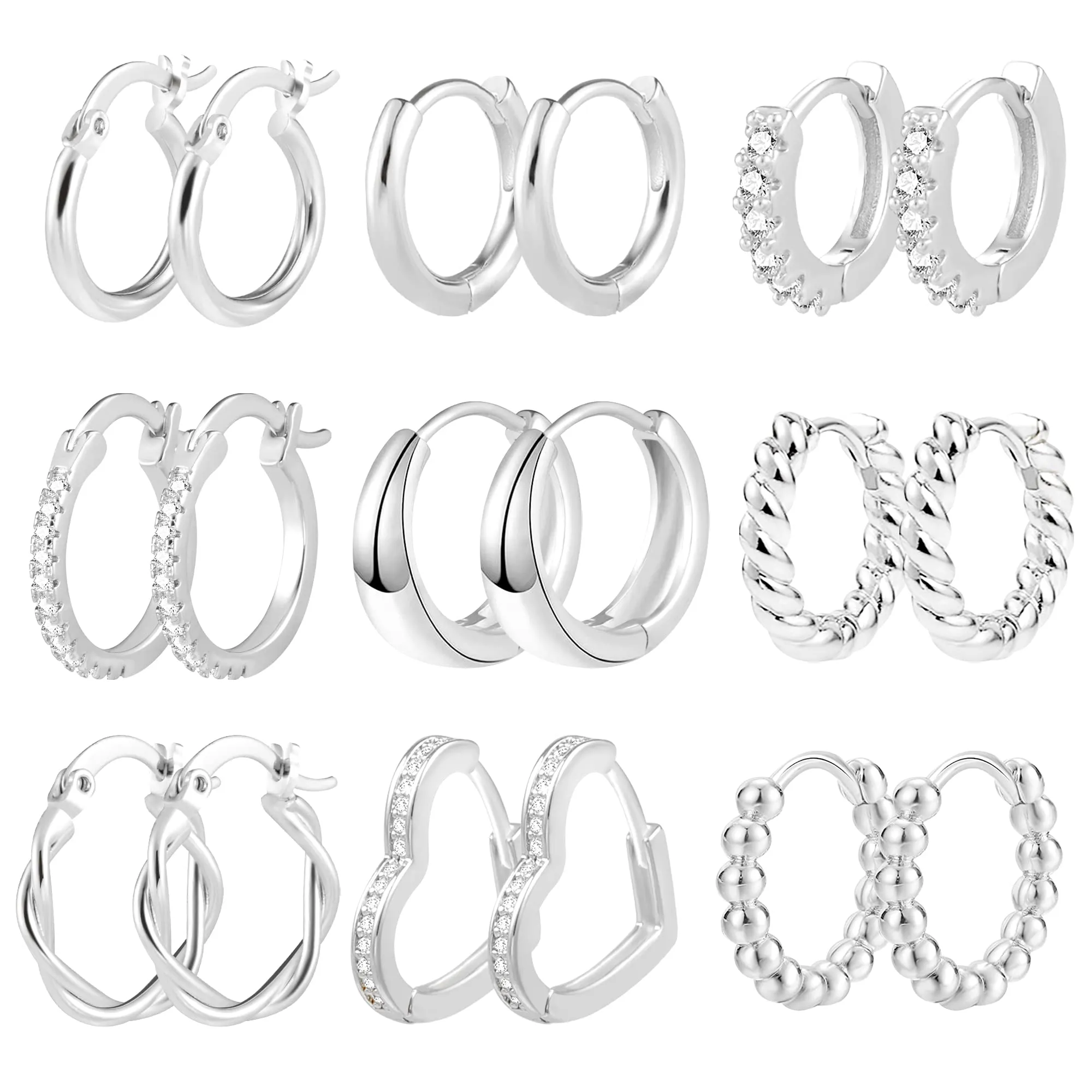 ALEXCRAFT Kit 9 Paia Orecchini Cerchio Donna Argento Misti - immagine 1