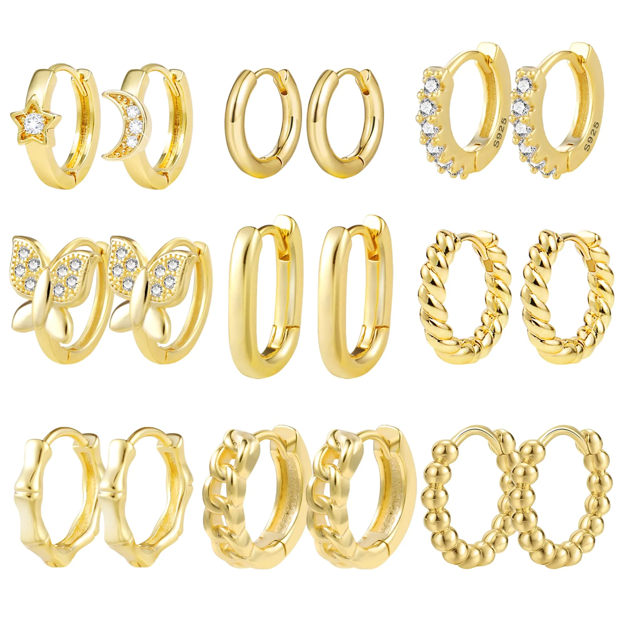 ALEXCRAFT Kit 9 Paia Orecchini Cerchio Donna Oro 14K Misti Ipoallergenici - immagine 1
