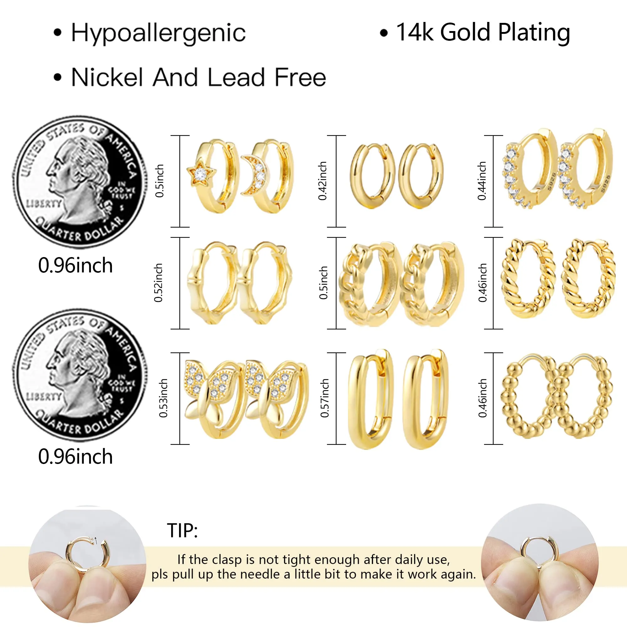 ALEXCRAFT Kit 9 Paia Orecchini Cerchio Donna Oro 14K Misti Ipoallergenici - immagine 3
