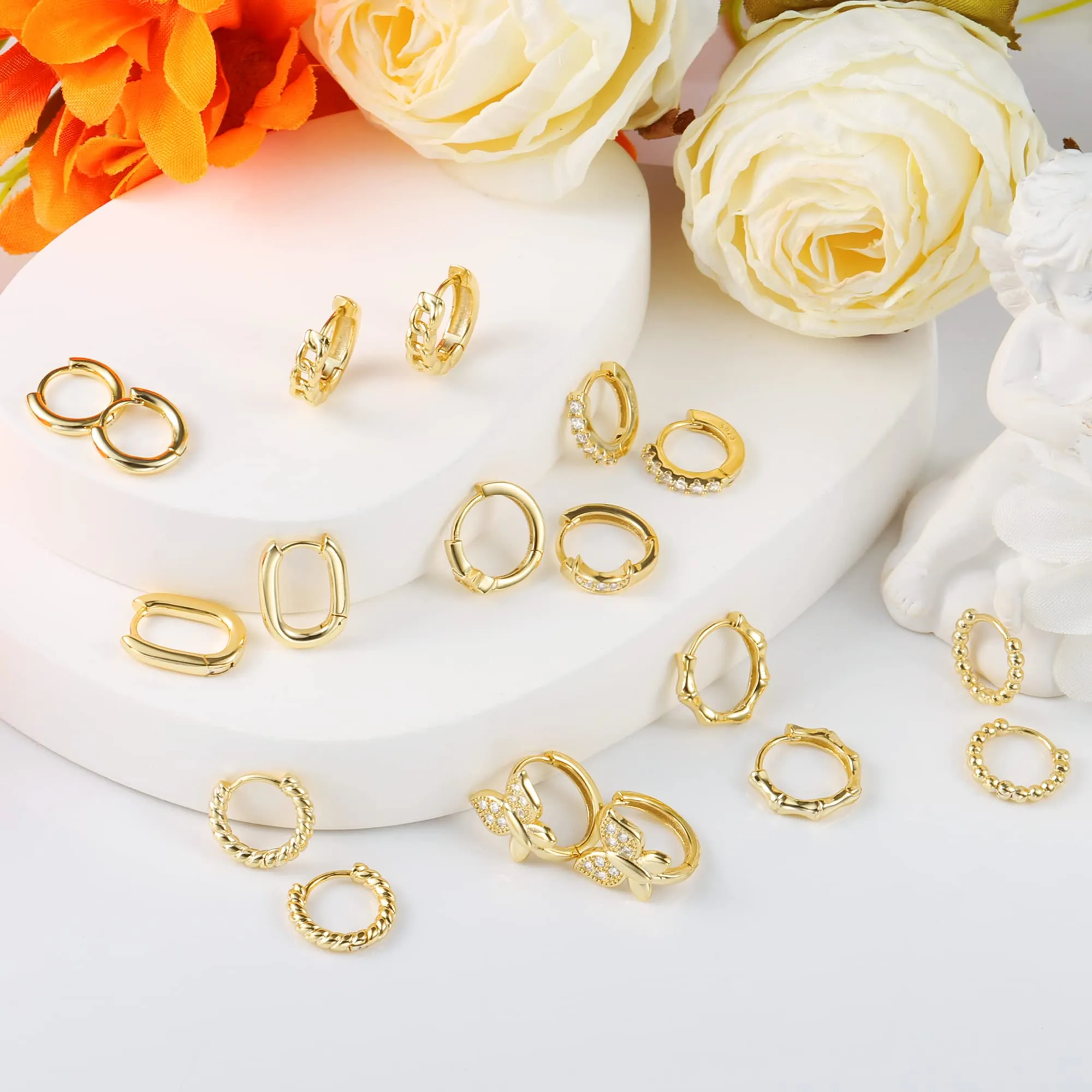 ALEXCRAFT Kit 9 Paia Orecchini Cerchio Donna Oro 14K Misti Ipoallergenici - immagine 5