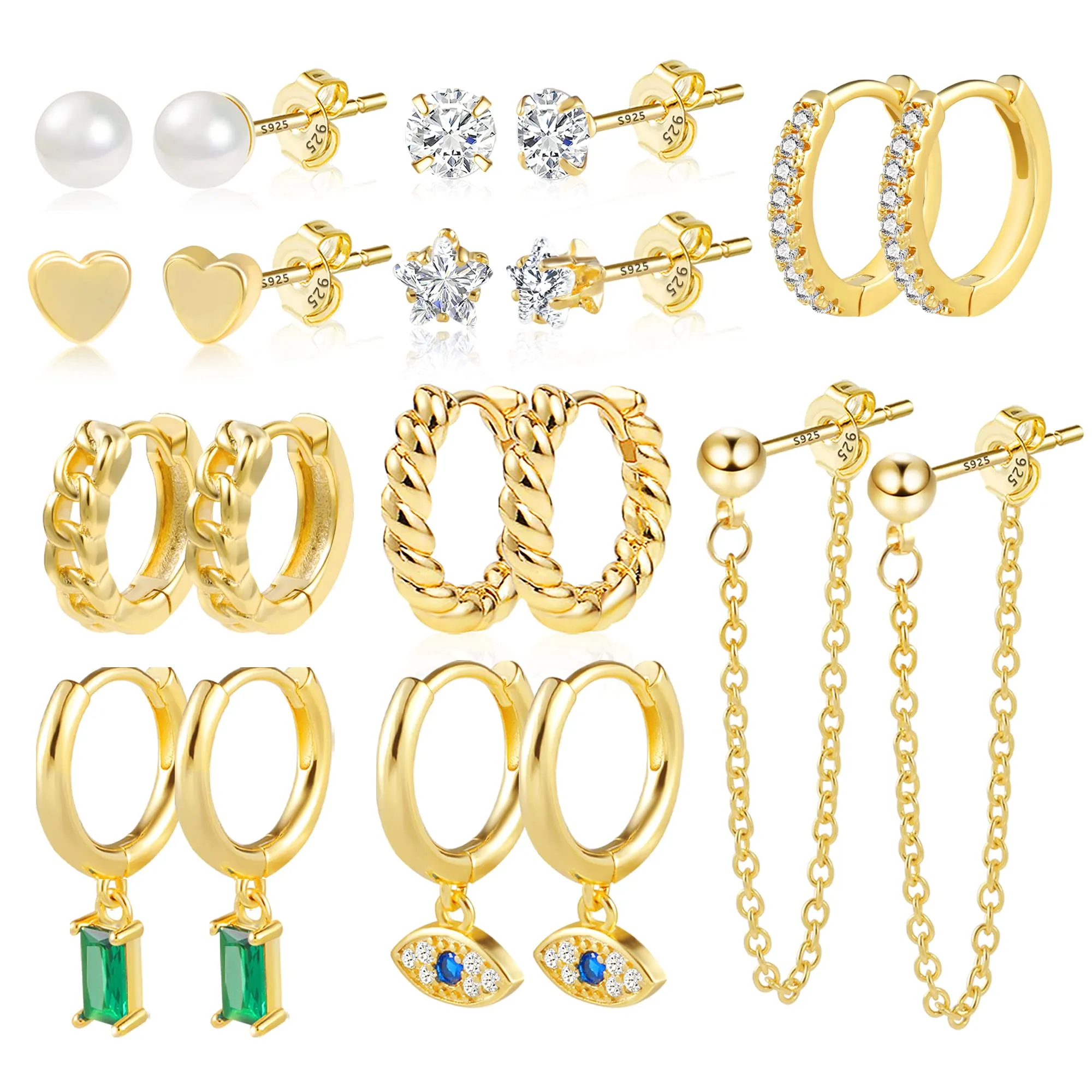 ALEXCRAFT Kit 9 Paia Orecchini Cerchio Donna Oro 14K e Borchia Multipli - immagine 1