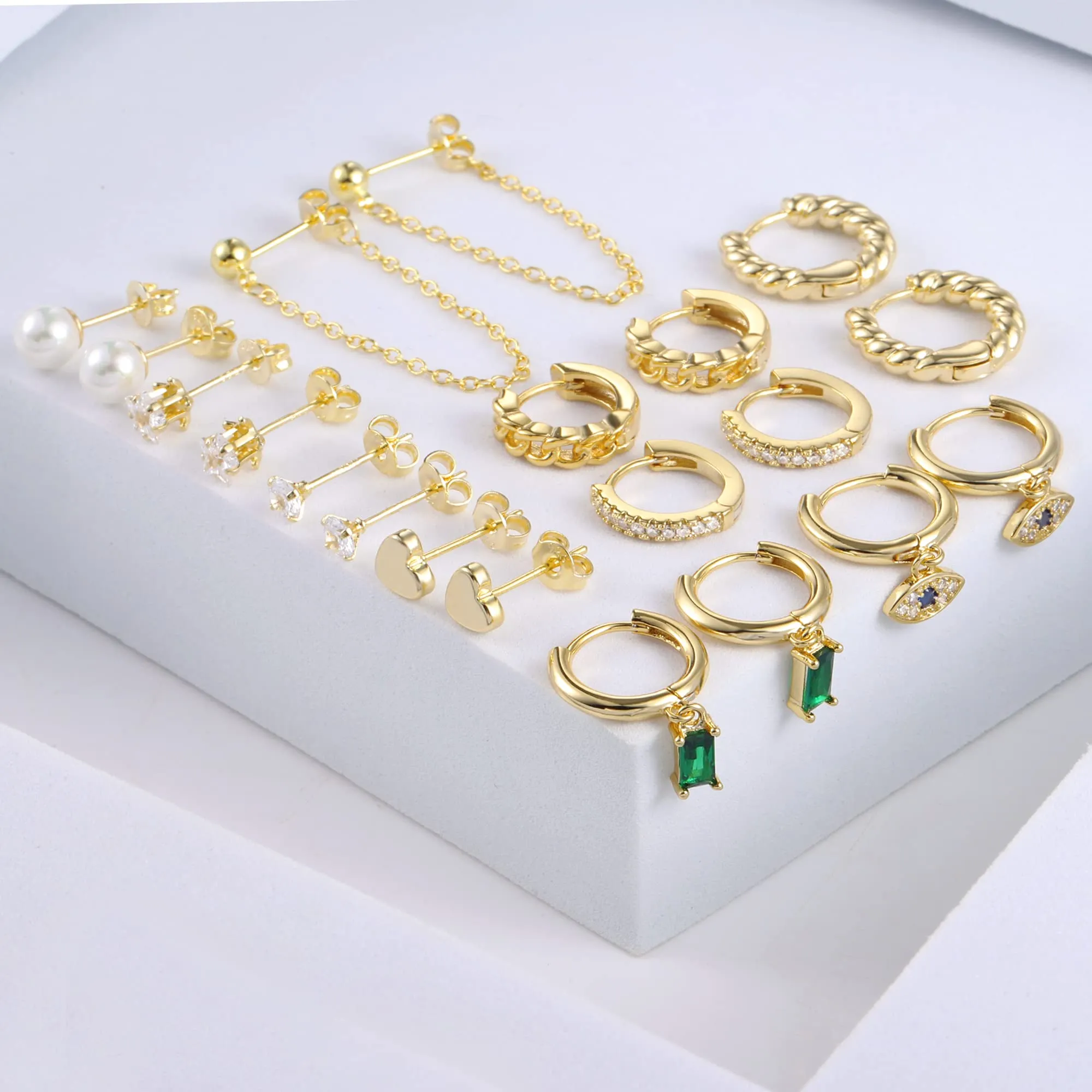 ALEXCRAFT Kit 9 Paia Orecchini Cerchio Donna Oro 14K e Borchia Multipli - immagine 2