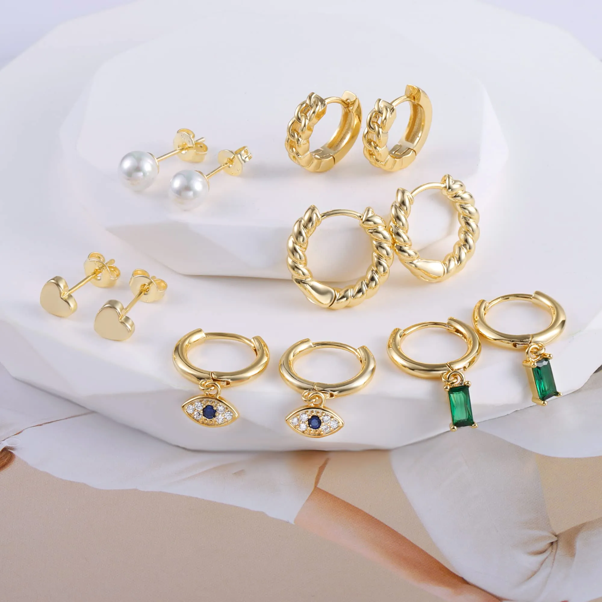 ALEXCRAFT Kit 9 Paia Orecchini Cerchio Donna Oro 14K e Borchia Multipli - immagine 3