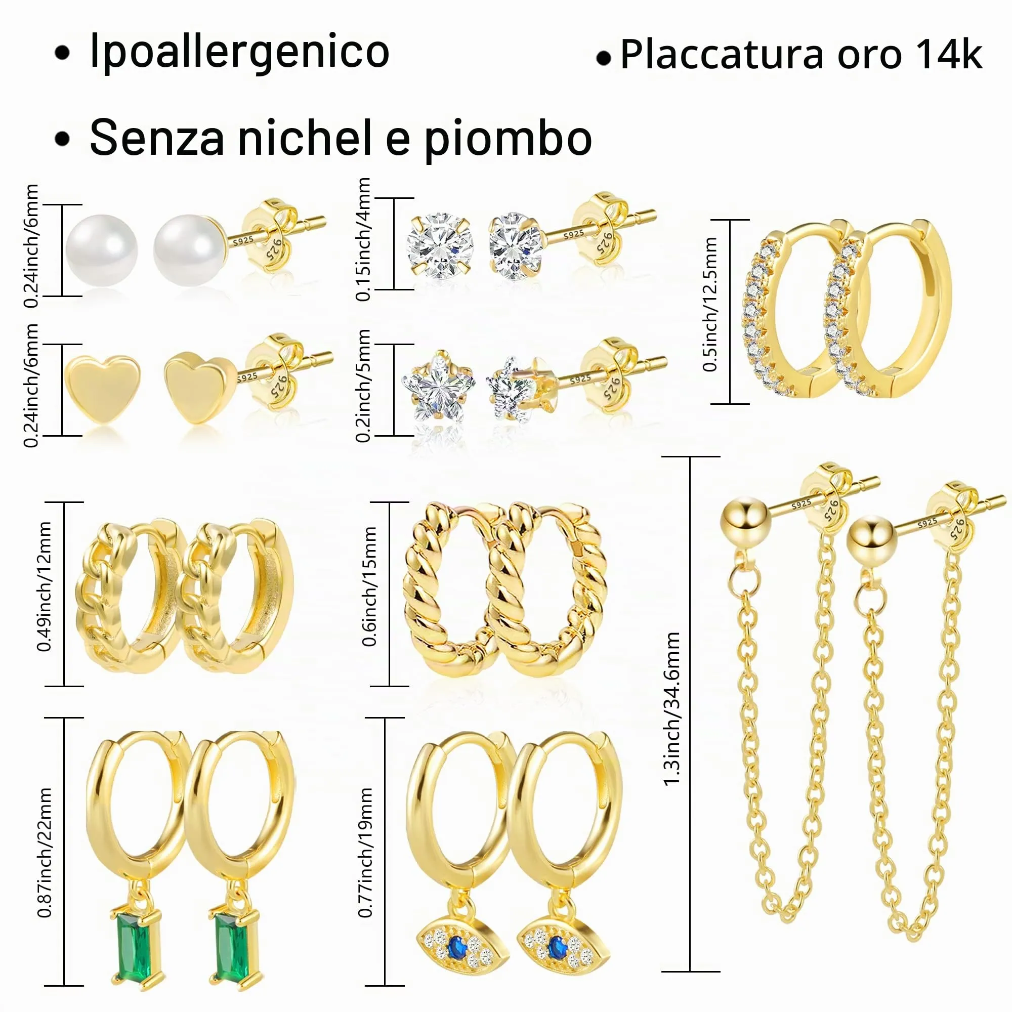ALEXCRAFT Kit 9 Paia Orecchini Cerchio Donna Oro 14K e Borchia Multipli - immagine 4