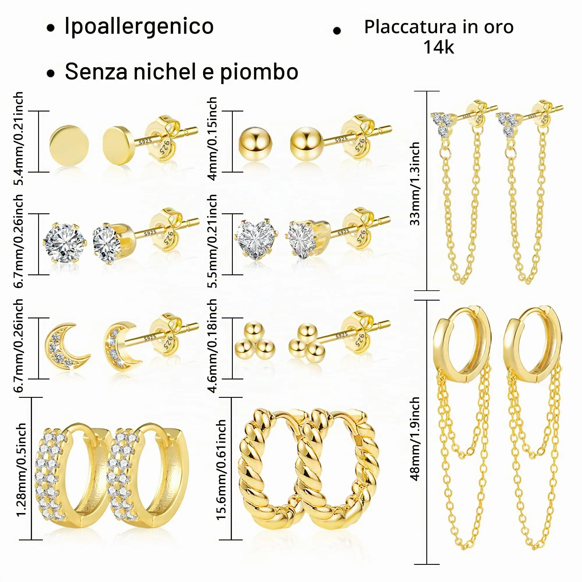 orecchini donna pendenti, orecchini cerchio, orecchino Set per più piercing, Huggies Hoop Studs Orecchini per Donne Ragazze Piccoli Orecchini Minimalisti Ipoallergenici a Catena Hoop Ball Set - immagine 4