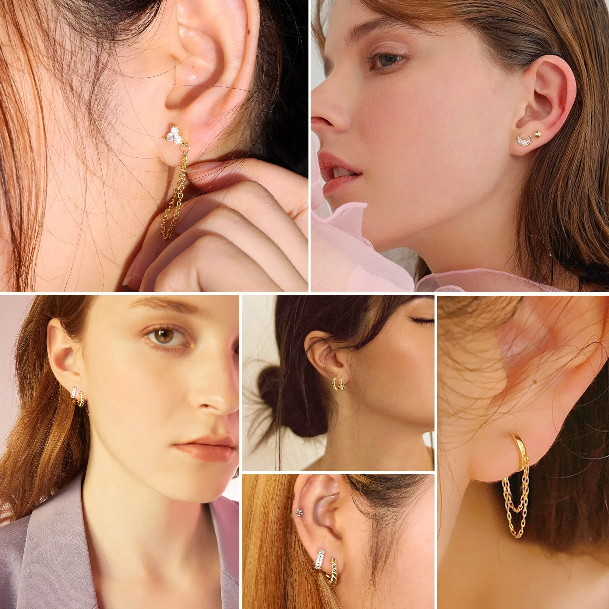 orecchini donna pendenti, orecchini cerchio, orecchino Set per più piercing, Huggies Hoop Studs Orecchini per Donne Ragazze Piccoli Orecchini Minimalisti Ipoallergenici a Catena Hoop Ball Set - immagine 6