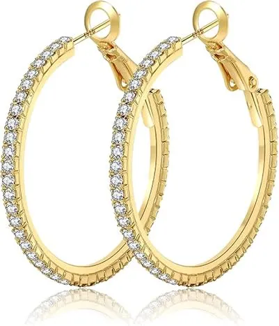Orecchino Cerchi oro 14K con strass: Moda Orecchini cerchio grandi e sottili ipoallergenici per donne e ragazze 20/30/40/50/60/70mm - immagine 1