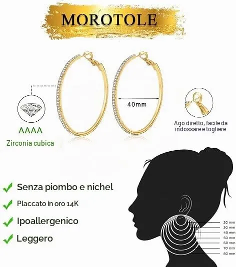 Orecchino Cerchi oro 14K con strass: Moda Orecchini cerchio grandi e sottili ipoallergenici per donne e ragazze 20/30/40/50/60/70mm - immagine 3