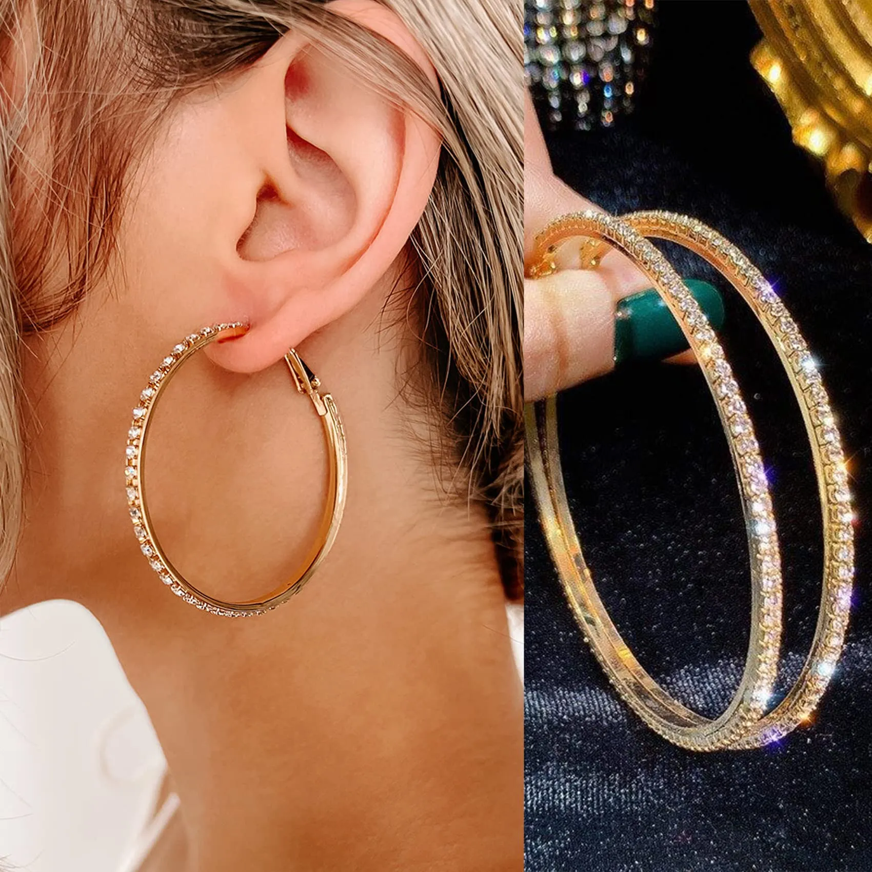 Orecchino Cerchi oro 14K con strass: Moda Orecchini cerchio grandi e sottili ipoallergenici per donne e ragazze 20/30/40/50/60/70mm - immagine 6