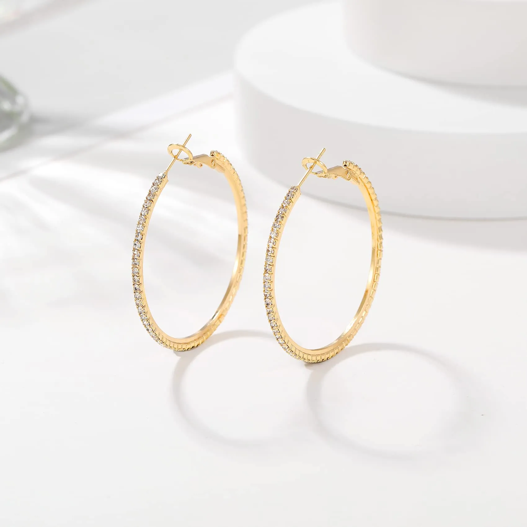 Orecchino Cerchi oro 14K con strass: Moda Orecchini cerchio grandi e sottili ipoallergenici per donne e ragazze 20/30/40/50/60/70mm - immagine 8