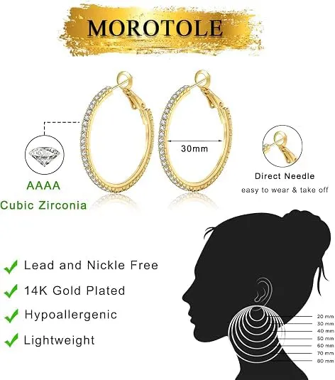 MOROTOLE Orecchini a Cerchio in Oro 14K Con Strass - Grandi e Sottili, Ipoallergenici per Donne e Ragazze - Gioielli e Regali - 20/30/40/50/60/70mm - immagine 3