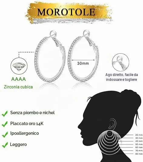 MOROTOLE Orecchini a Cerchio in Argento 925 Con Strass - Sottili e Grandi, Ipoallergenici per Donne e Ragazze - Gioielli e Regali - immagine 3