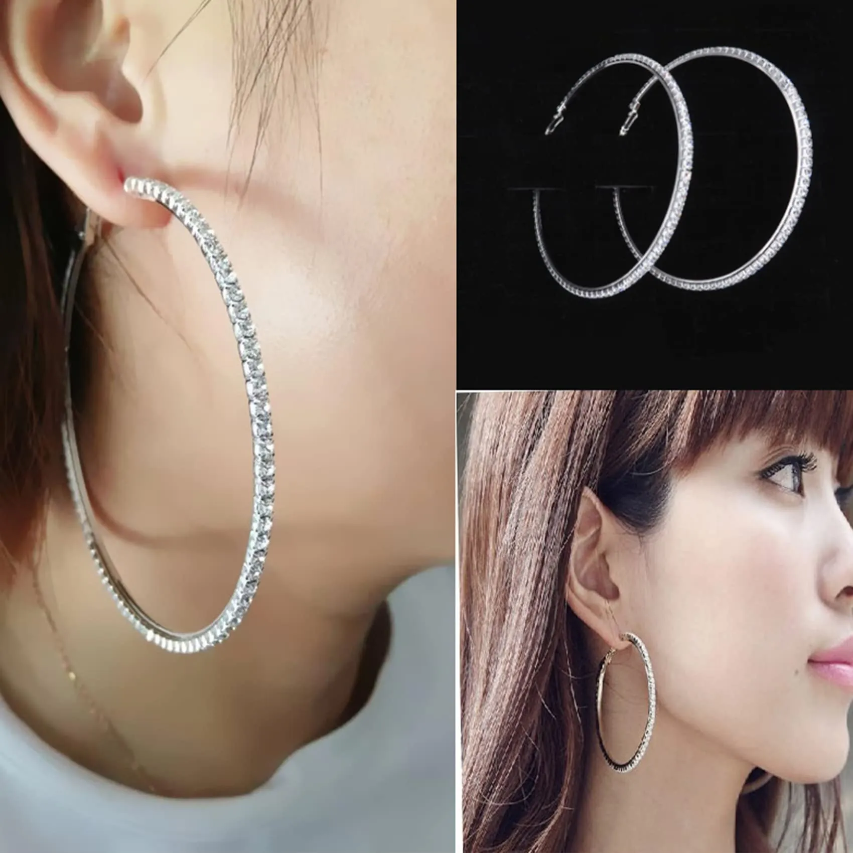 MOROTOLE Orecchini a cerchio in argento 925 con strass - Moda Orecchini sottili in argento con strass Ipoallergenici - Orecchini grandi in argento per donne e ragazze - Gioielli e Regali - immagine 6