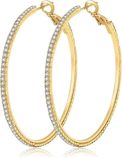Orecchino Cerchi oro 14K con strass: Moda Orecchini cerchio grandi e sottili ipoallergenici per donne e ragazze 20/30/40/50/60/70mm - immagine 1