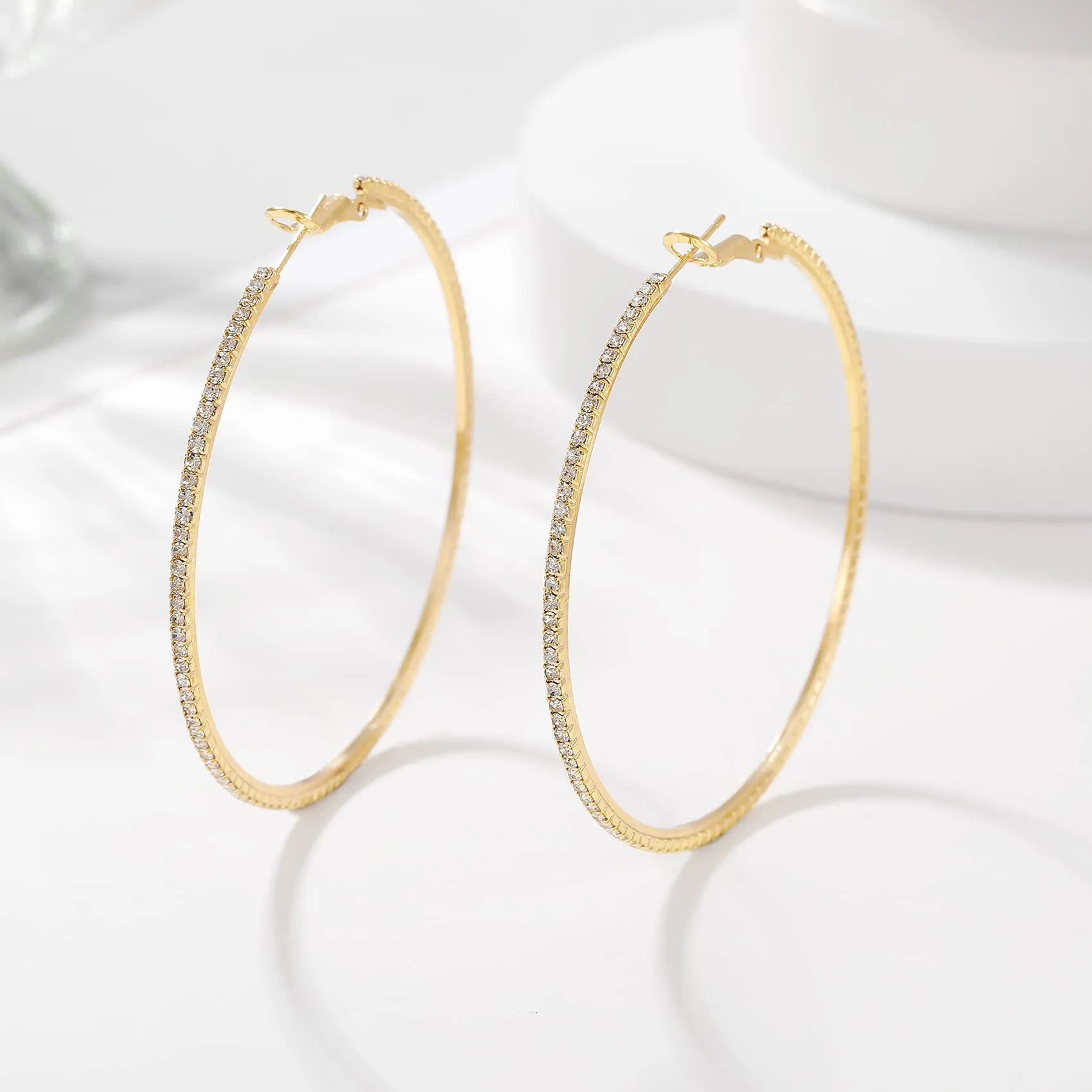 Orecchino Cerchi oro 14K con strass: Moda Orecchini cerchio grandi e sottili ipoallergenici per donne e ragazze 20/30/40/50/60/70mm - immagine 7