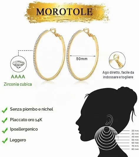 Morotole Orecchini a Cerchio in Oro 14K Grandi e Sottili con Strass Ipoallergenici per Donne e Ragazze - 20/30/40/50/60/70mm - immagine 3
