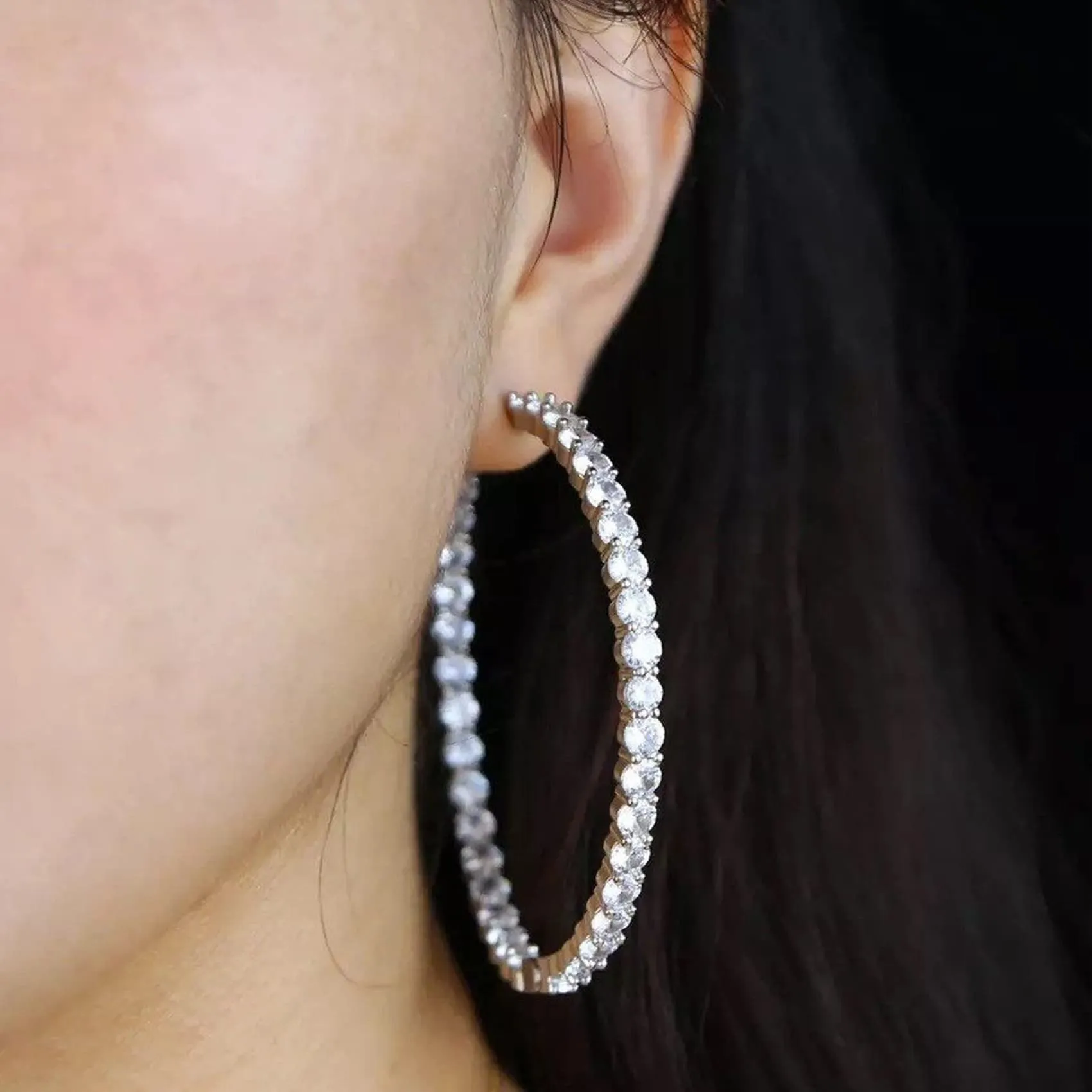 MOROTOLE Orecchini a cerchio in argento 925 con strass Moda Orecchini sottili in argento con strass Ipoallergenici Orecchini grandi in argento per donne Ragazze Gioielli Regali - immagine 6