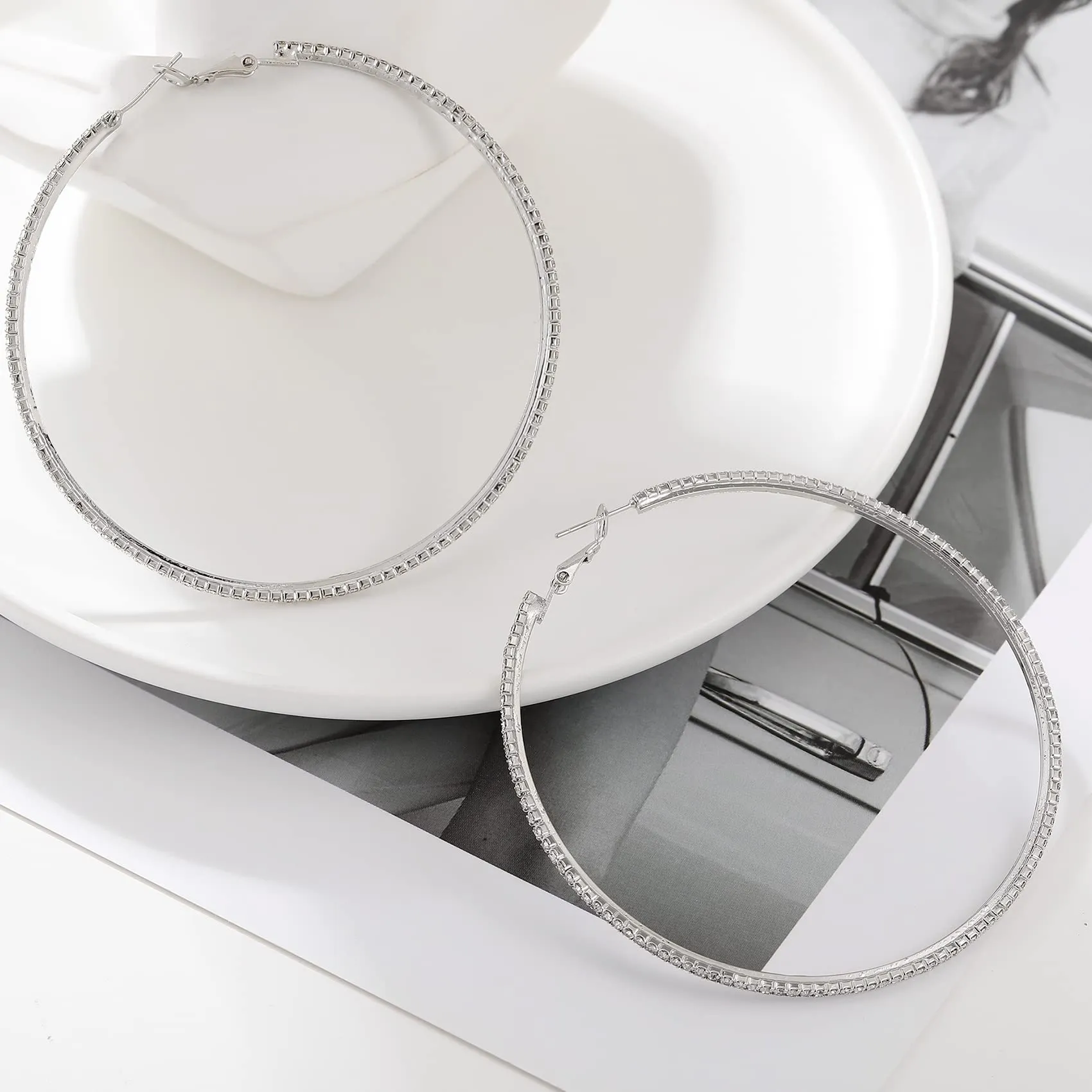 MOROTOLE Orecchini a cerchio in argento 925 con strass Moda Orecchini sottili in argento con strass Ipoallergenici Orecchini grandi in argento per donne Ragazze Gioielli Regali - immagine 8
