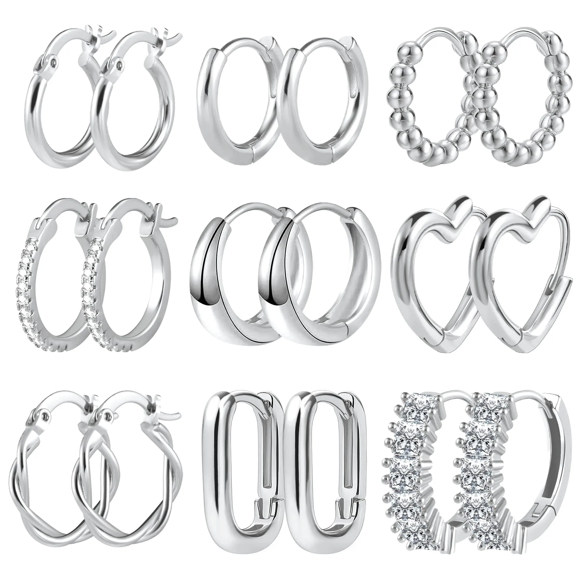 ALEXCRAFT 9 Paia Orecchini Cerchio Donna Argento Lucido e Zirconi Huggie - immagine 1