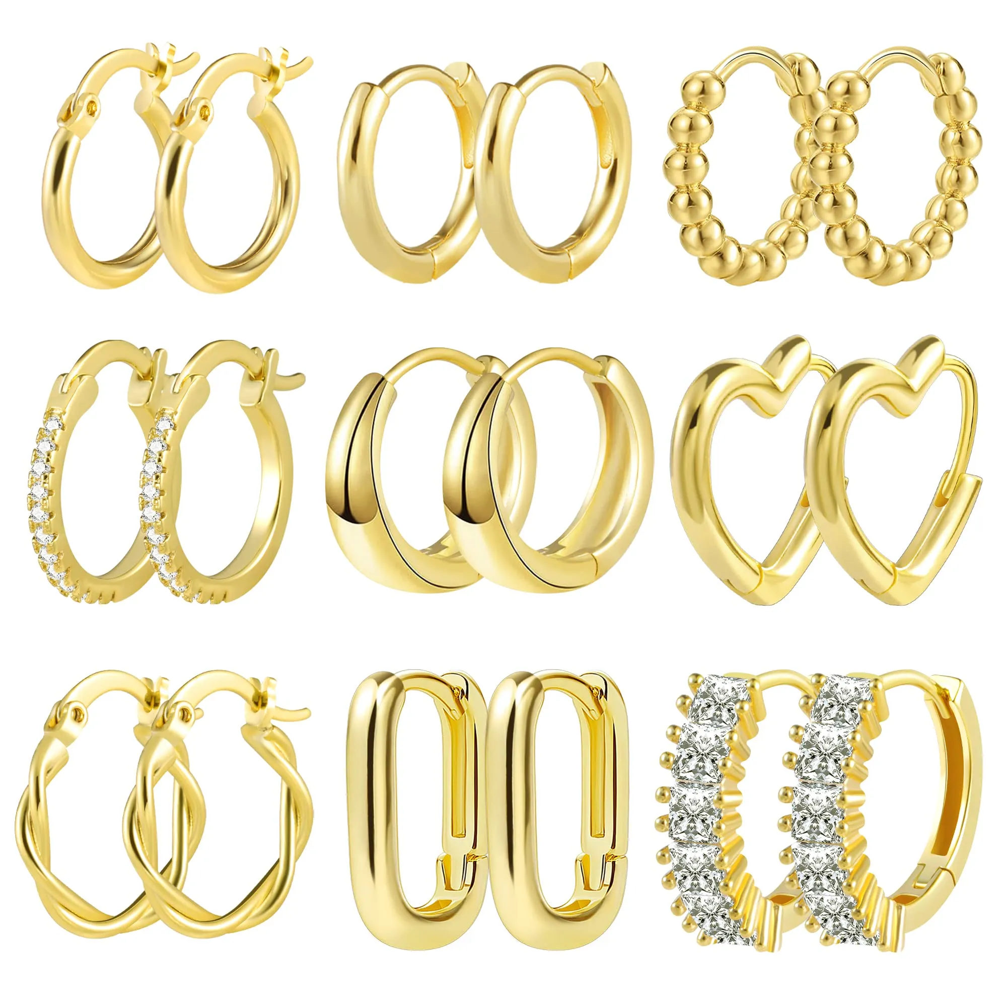 ALEXCRAFT 9 Paia Orecchini Donna Cerchio Oro Lucido e Zirconi Kit Regalo - immagine 1