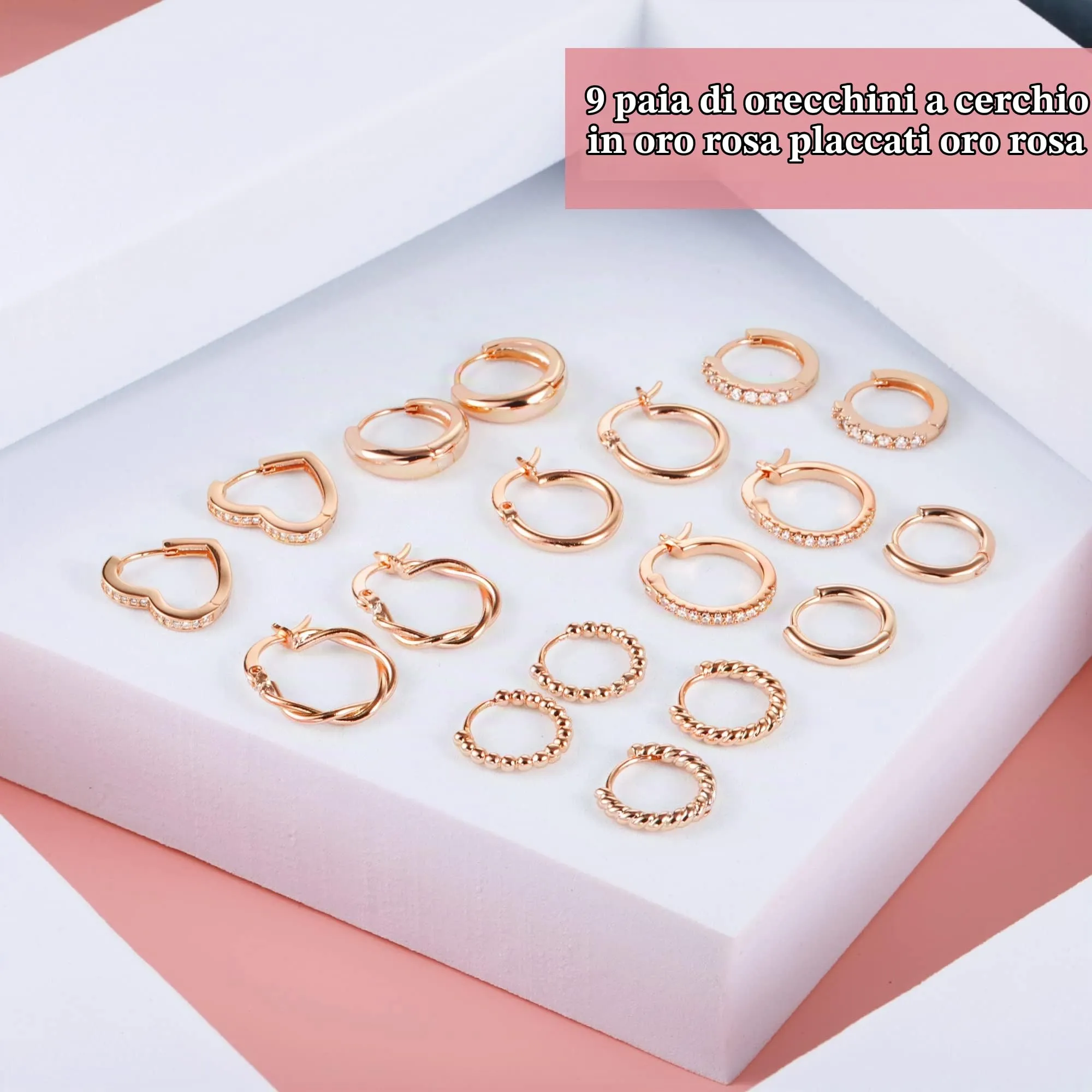 ALEXCRAFT 9 Paia Orecchini Cerchio Donna Oro Rosa Misti Ipoallergenici - immagine 4