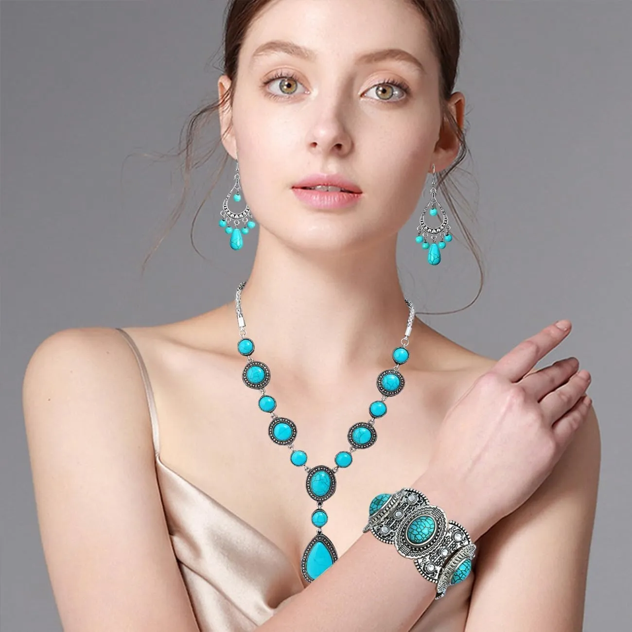 TOEECY Set Gioielli Turchese Geometrico Collana Bracciale Orecchini Combinazione Elegante Stile Vintage Argento Antico Decorazione Femminile - immagine 5