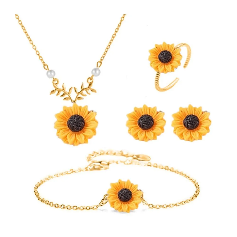 TOFBS 4 Pezzi Set Gioielli Girasole Collana Bracciale Anello Orecchini Argento Donna Elegante Parure Bigiotteria Accessori Primavera Estate - immagine 1