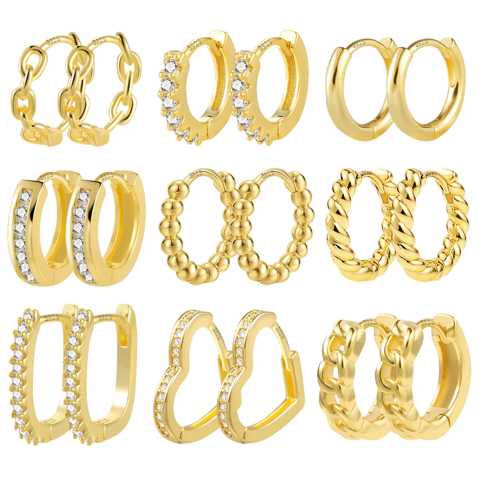 ALEXCRAFT 9 Paia Orecchini Cerchio Donna Oro 14K Lucido e Zirconi Kit - immagine 1