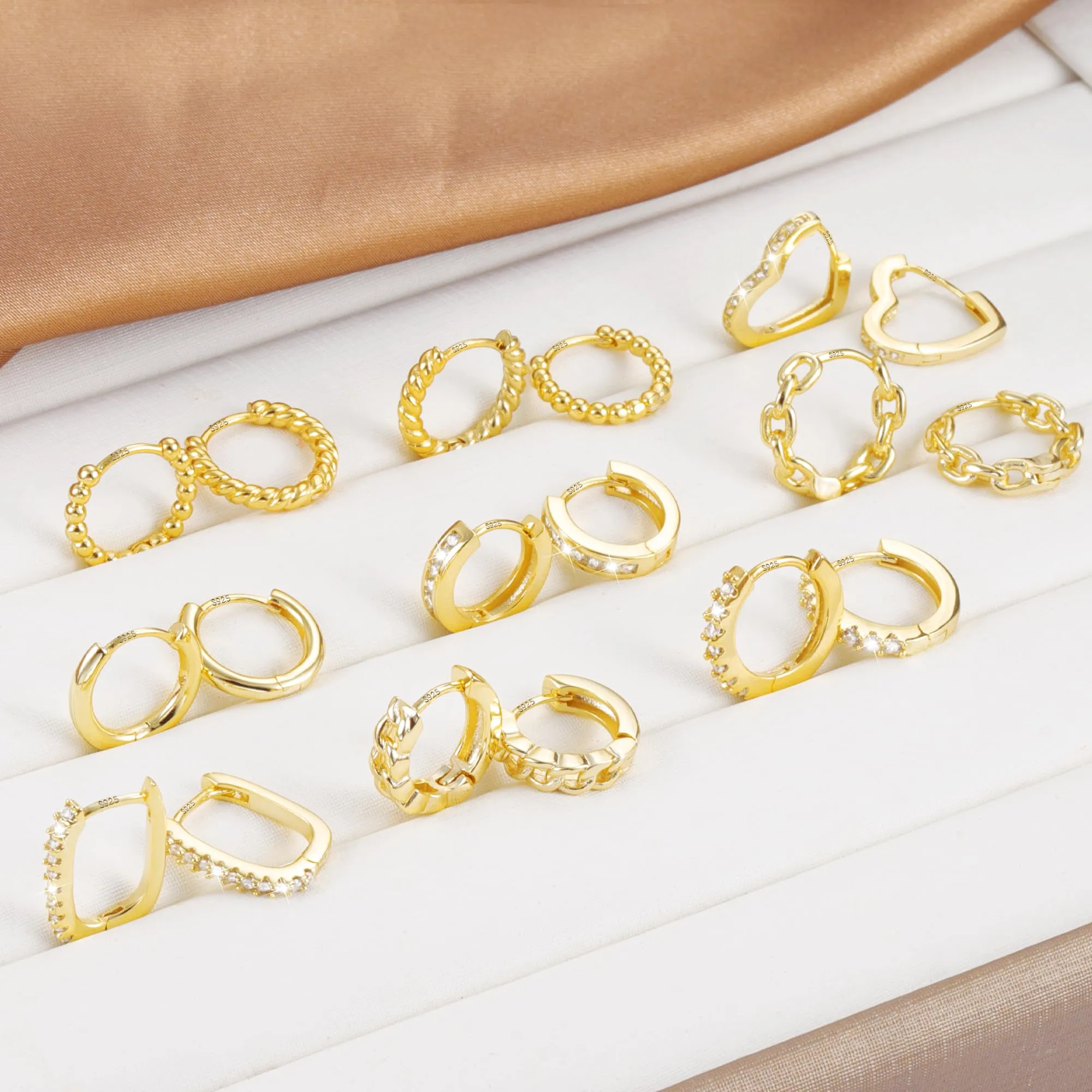 ALEXCRAFT 9 Paia Orecchini Cerchio Donna Oro 14K Lucido e Zirconi Kit - immagine 2