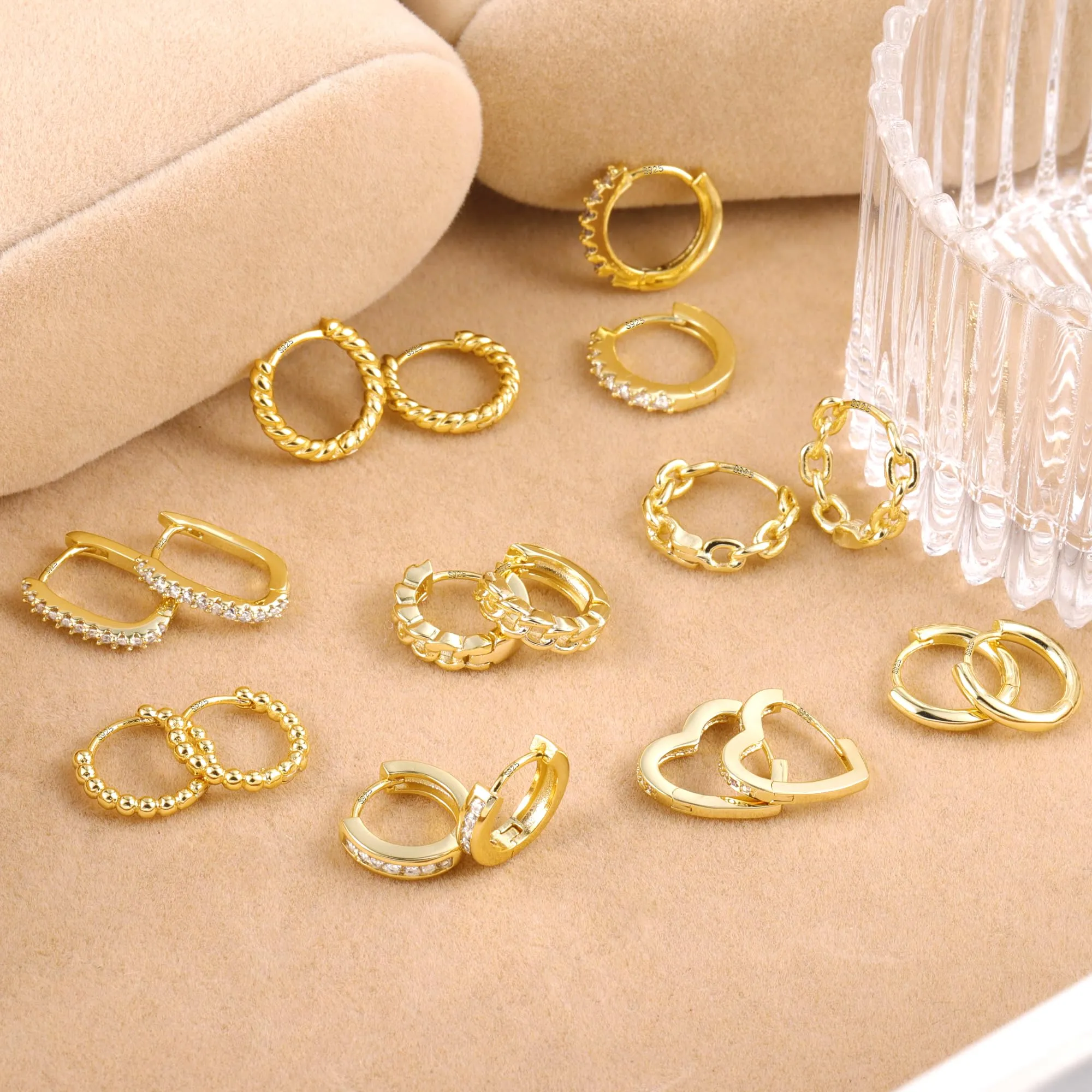 ALEXCRAFT 9 Paia Orecchini Cerchio Donna Oro 14K Lucido e Zirconi Kit - immagine 3