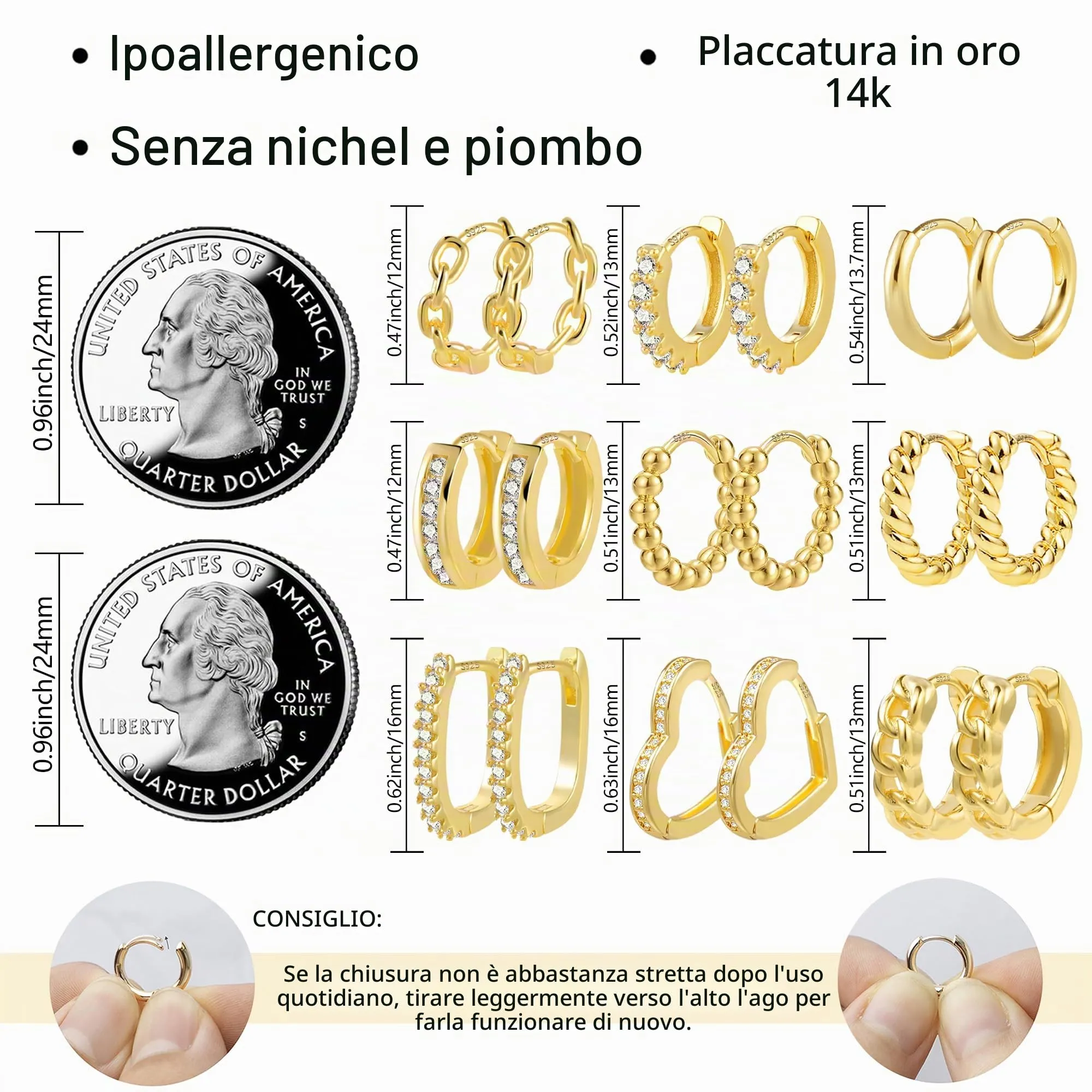 ALEXCRAFT 9 Paia Orecchini Cerchio Donna Oro 14K Lucido e Zirconi Kit - immagine 4