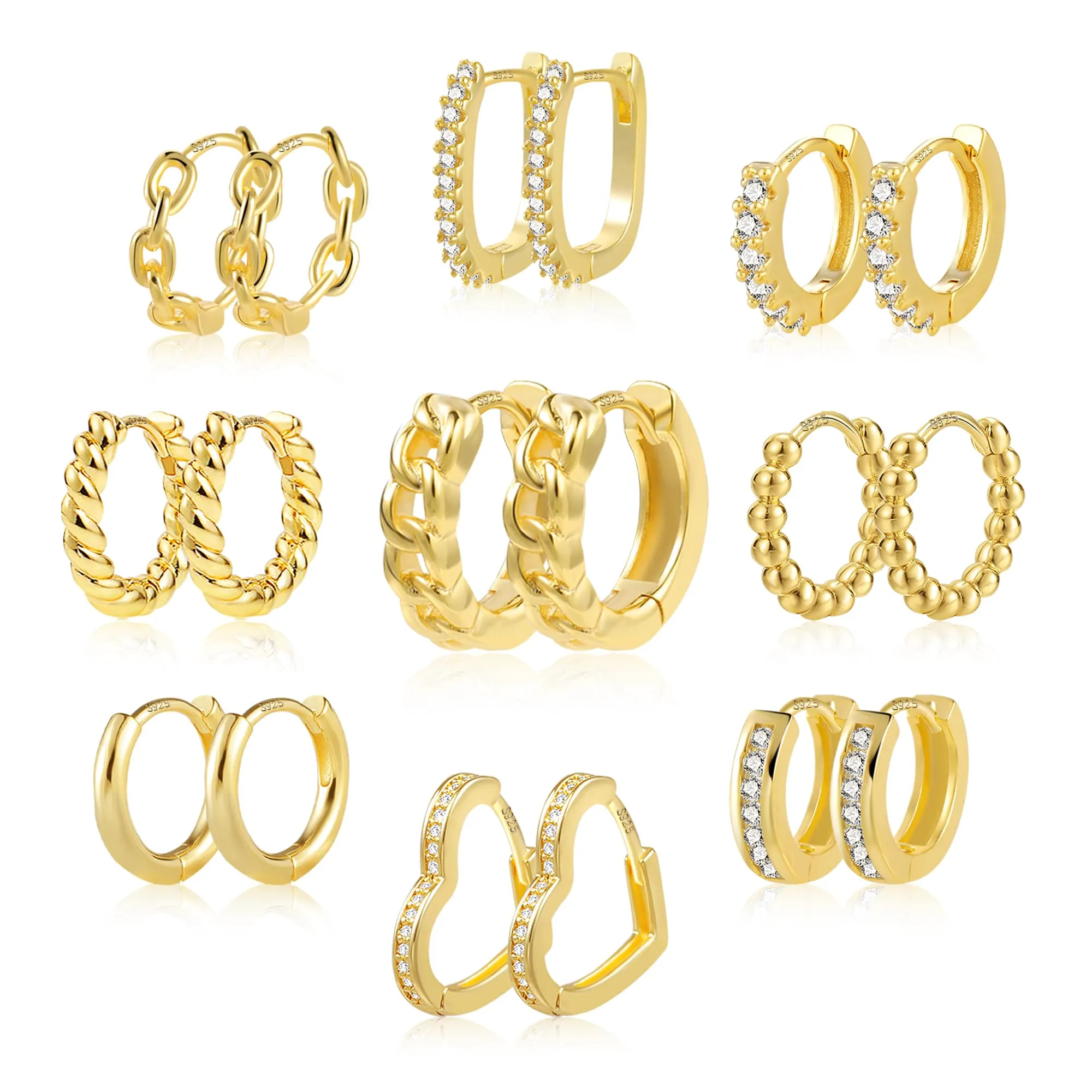 ALEXCRAFT 9 Paia Orecchini Cerchio Donna Oro 14K Lucido e Zirconi Kit - immagine 8