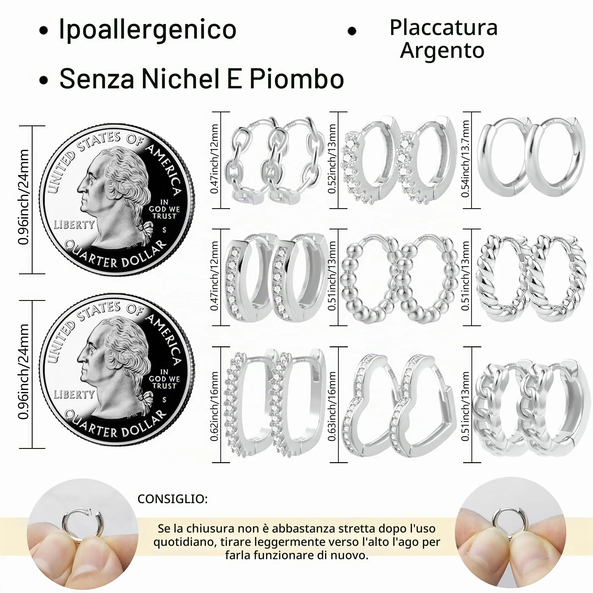 ALEXCRAFT 9 Paia Orecchini Donna Cerchio Argento Lucido e Zirconi Kit - immagine 4