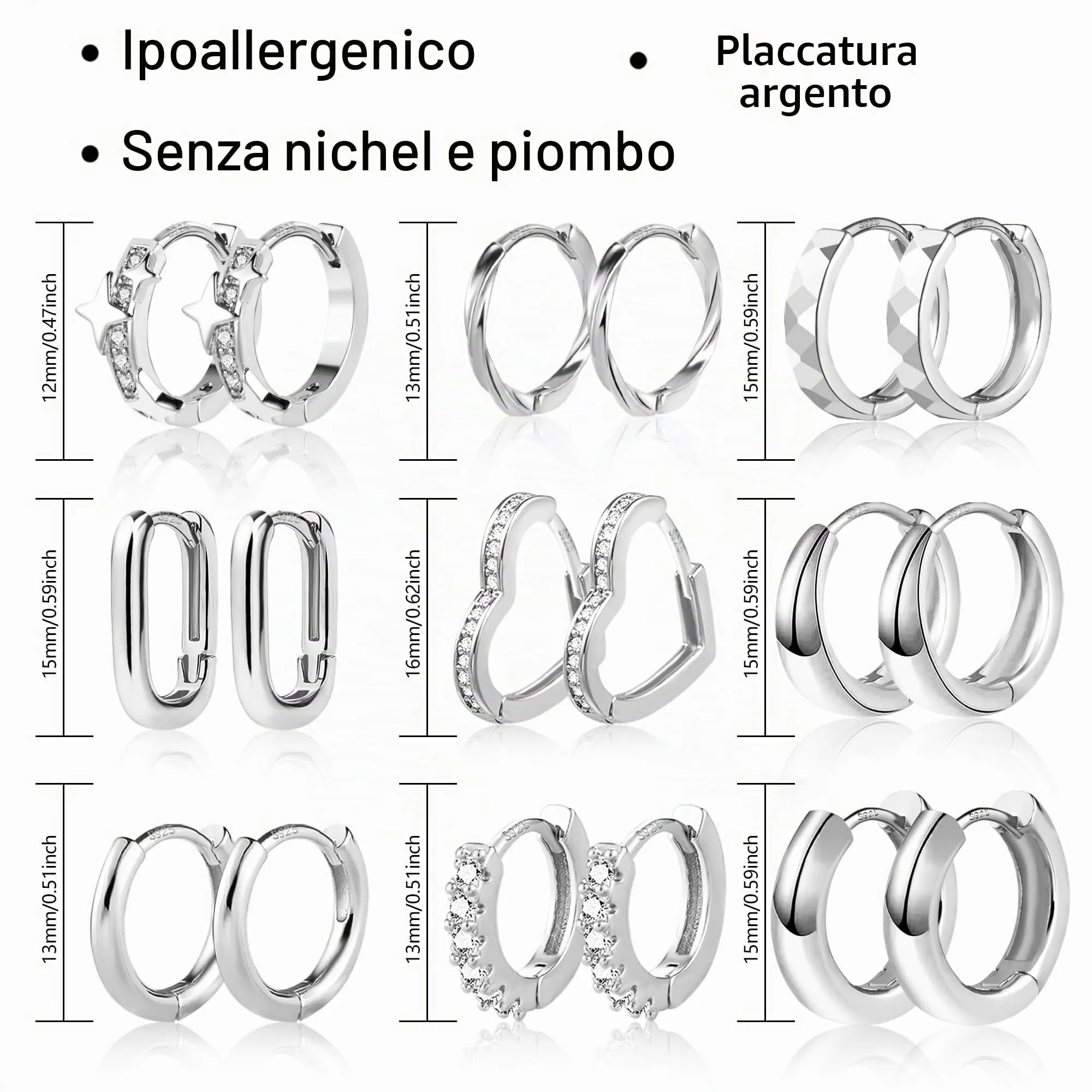 ALEXCRAFT Orecchini Donna Cerchio Argento Misti Gioielli Kit 9 Paia - immagine 4