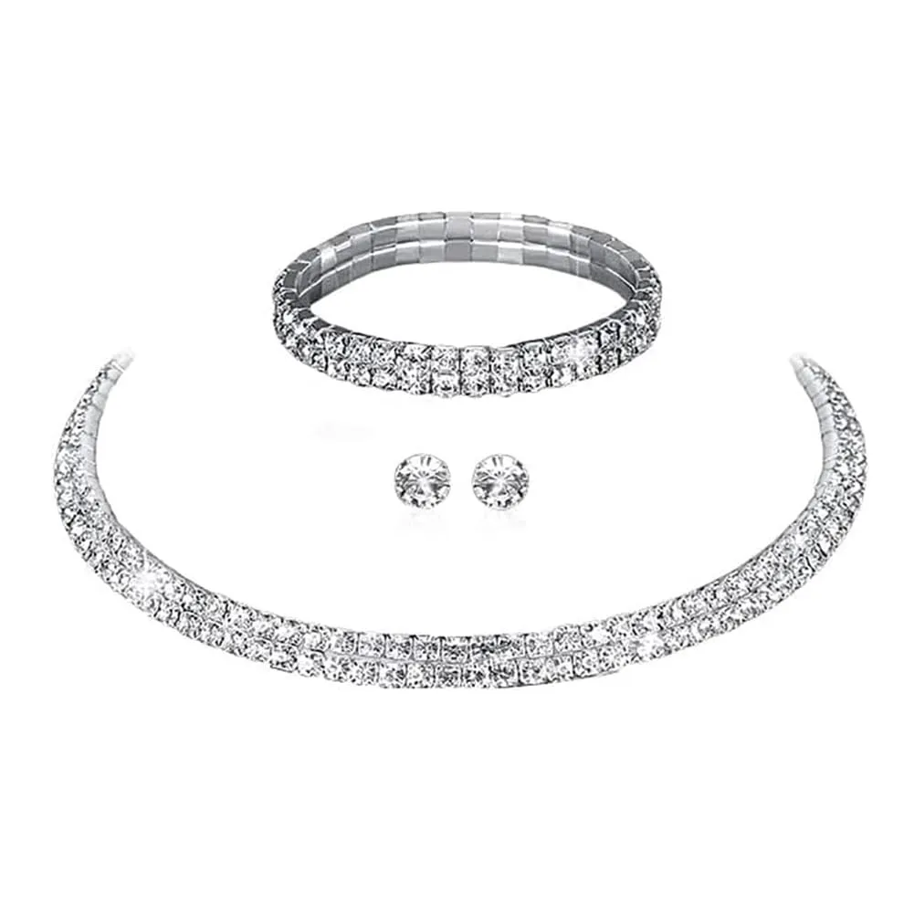 Clataly Bridal Wedding Collana Orecchini Braccialetto Set Argento Cristallo Damigelle Gioielli Accessori per le Donne Ragazze (Argento D) - immagine 7