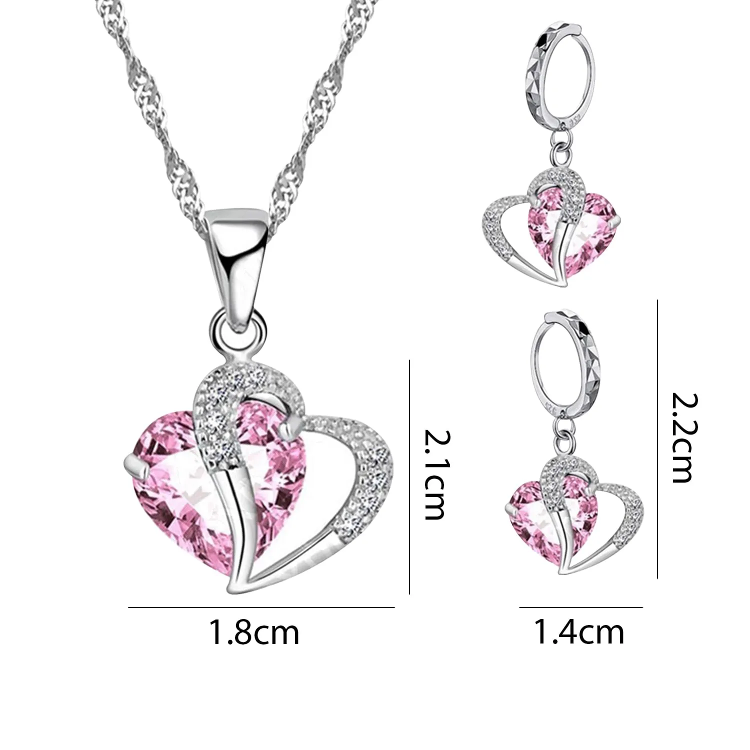 NyxSeat Set di Gioielli: 3 Pezzi, Incl. Collana a Forma di Cuore e Orecchini, Gioielli in Cristallo Rosa, Adatti per Ogni Occasione, Metallo - immagine 2