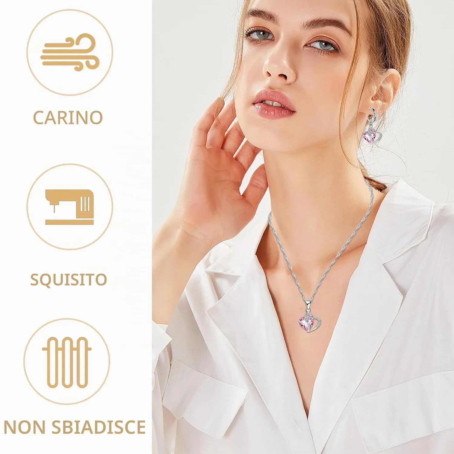 NyxSeat Set di Gioielli: 3 Pezzi, Incl. Collana a Forma di Cuore e Orecchini, Gioielli in Cristallo Rosa, Adatti per Ogni Occasione, Metallo - immagine 3