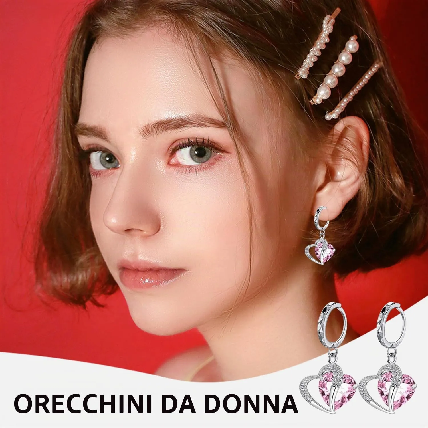NyxSeat Set di Gioielli: 3 Pezzi, Incl. Collana a Forma di Cuore e Orecchini, Gioielli in Cristallo Rosa, Adatti per Ogni Occasione, Metallo - immagine 5