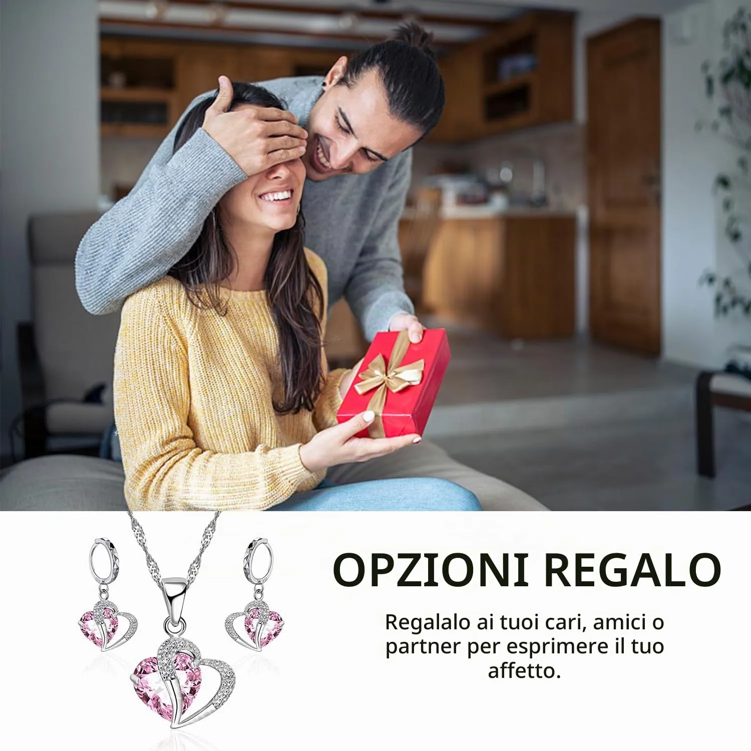 NyxSeat Set di Gioielli: 3 Pezzi, Incl. Collana a Forma di Cuore e Orecchini, Gioielli in Cristallo Rosa, Adatti per Ogni Occasione, Metallo - immagine 6