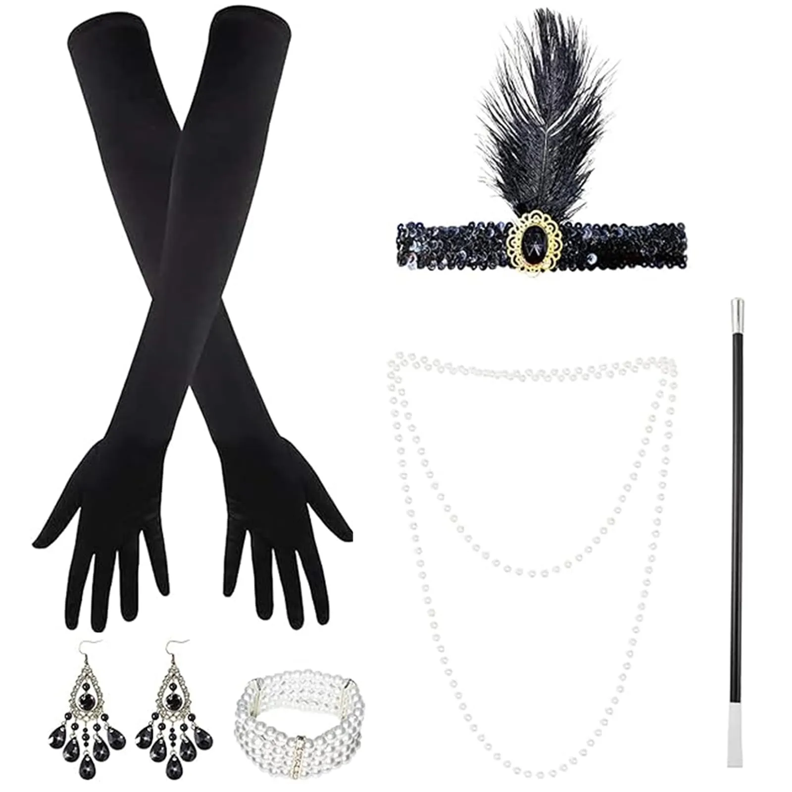 Xrten 6 Pezzi Anni '20 Flapper Great Gatsby Accessori Set Accessori Anni '20 1920 Accessori di Set Halloween per Natale Fascia Guanti Lunghi Collana con Perle Braccialetto Orecchini - immagine 1