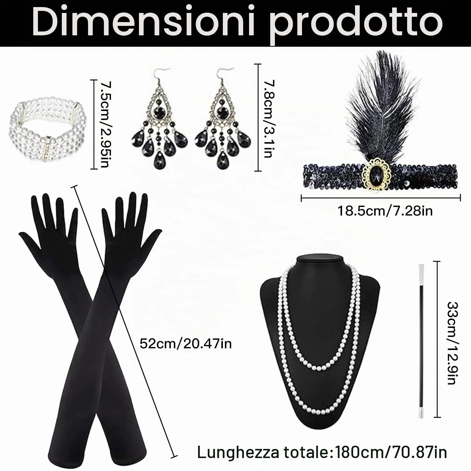 Xrten 6 Pezzi Anni '20 Flapper Great Gatsby Accessori Set Accessori Anni '20 1920 Accessori di Set Halloween per Natale Fascia Guanti Lunghi Collana con Perle Braccialetto Orecchini - immagine 2