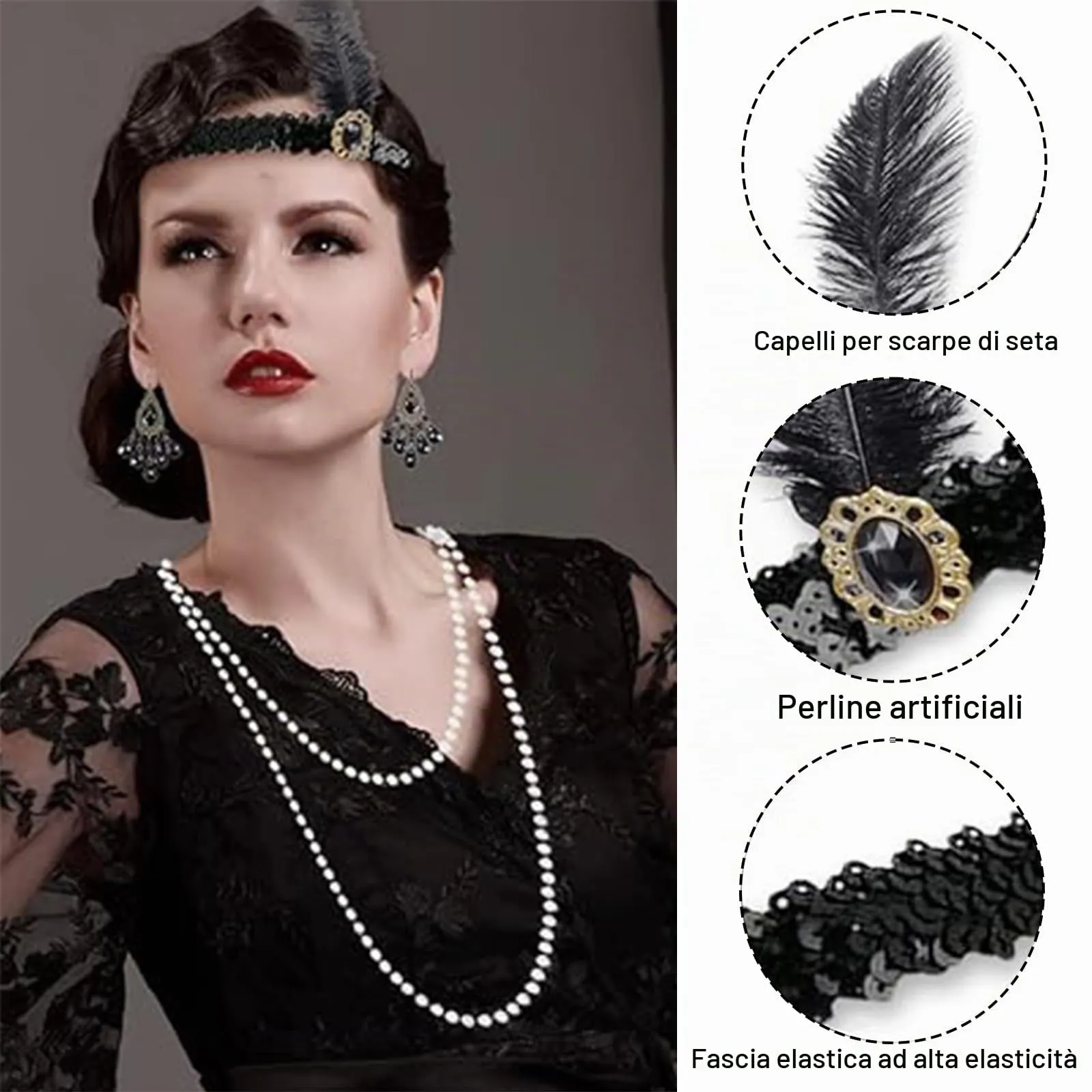 Xrten 6 Pezzi Anni '20 Flapper Great Gatsby Accessori Set Accessori Anni '20 1920 Accessori di Set Halloween per Natale Fascia Guanti Lunghi Collana con Perle Braccialetto Orecchini - immagine 3