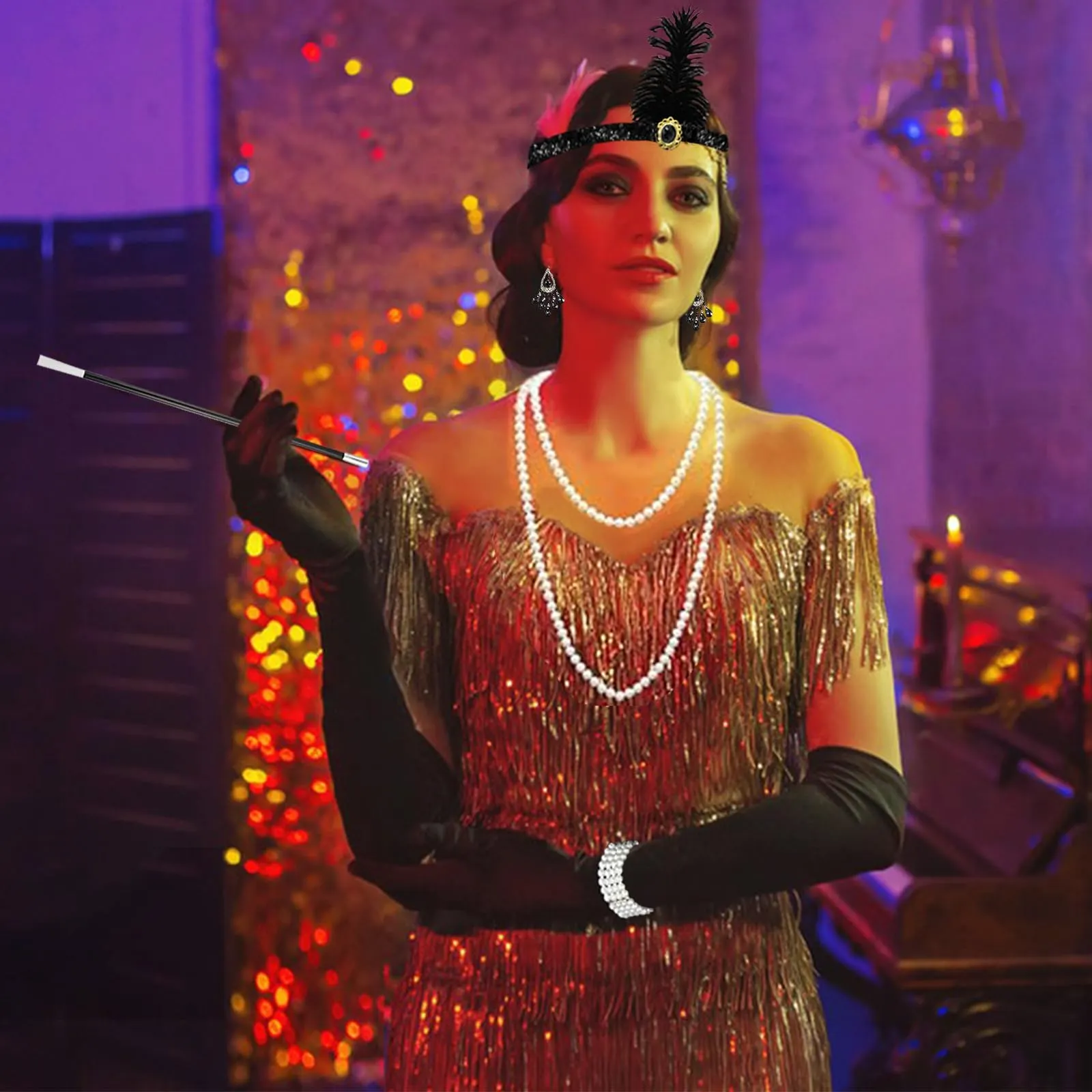 Xrten 6 Pezzi Anni '20 Flapper Great Gatsby Accessori Set Accessori Anni '20 1920 Accessori di Set Halloween per Natale Fascia Guanti Lunghi Collana con Perle Braccialetto Orecchini - immagine 5