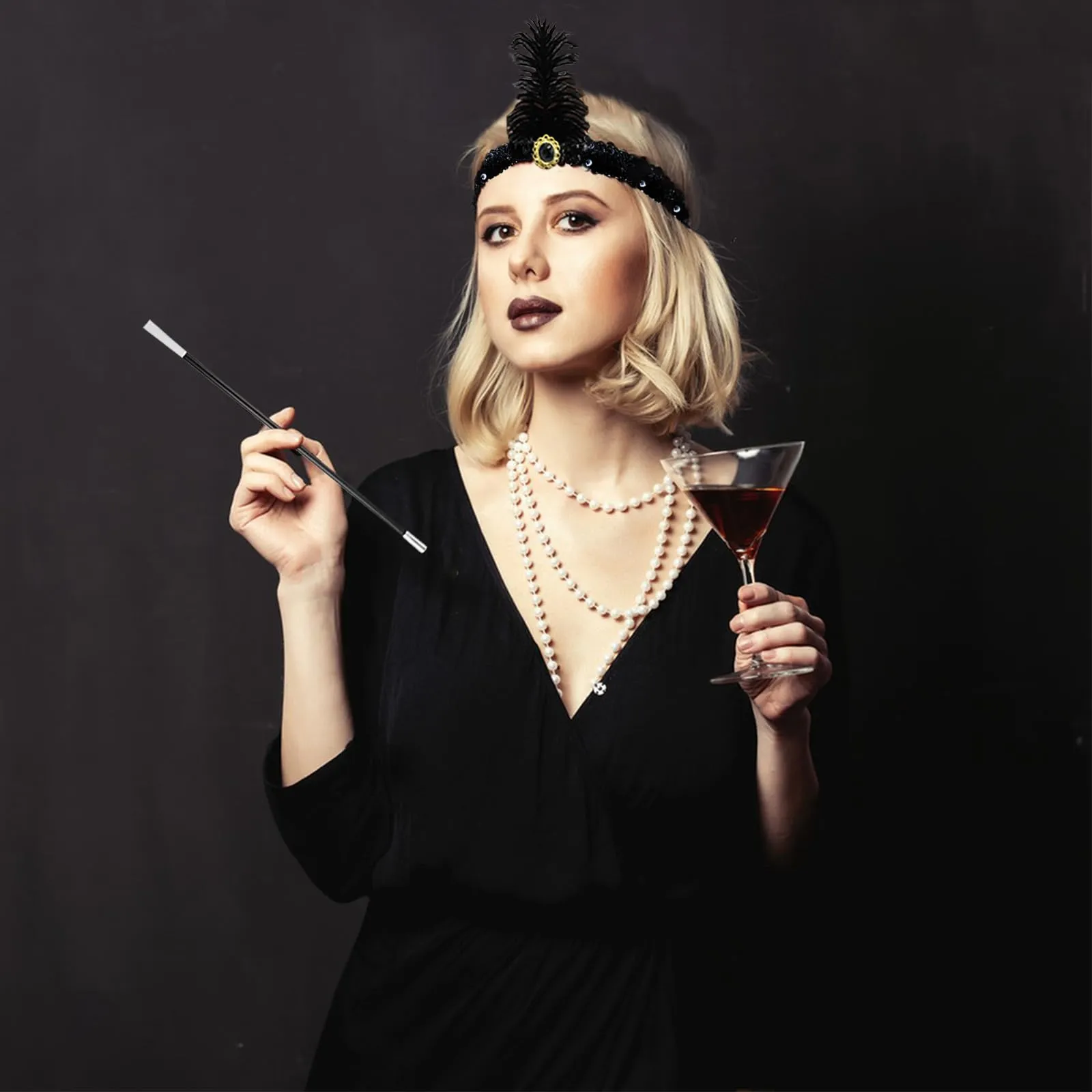 Xrten 6 Pezzi Anni '20 Flapper Great Gatsby Accessori Set Accessori Anni '20 1920 Accessori di Set Halloween per Natale Fascia Guanti Lunghi Collana con Perle Braccialetto Orecchini - immagine 6