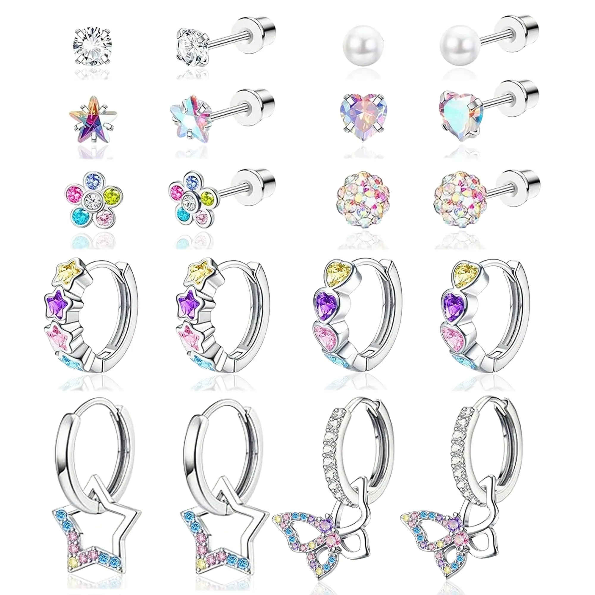 LOFITOR 10 Paia Orecchini a Vite Ipoallergenici, Acciaio Chirurgico, Piccoli Huggie, Pendenti CZ Stella Farfalla, Set Stud a Vite per Orecchie Sensibili Donne Ragazze Colore - immagine 1